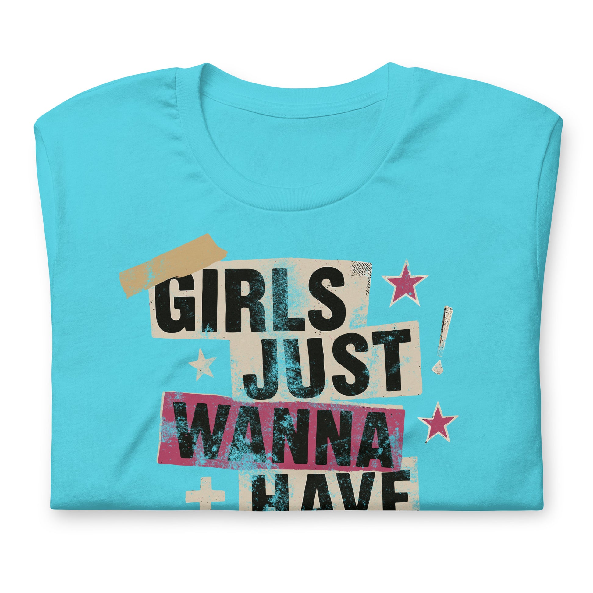 Turquoise “Girls Just Wanna Have Fundamental Human Rights” t-shirt featuring vintage-style tape overlays and lightning motifs. Playful, powerful feminist tee.