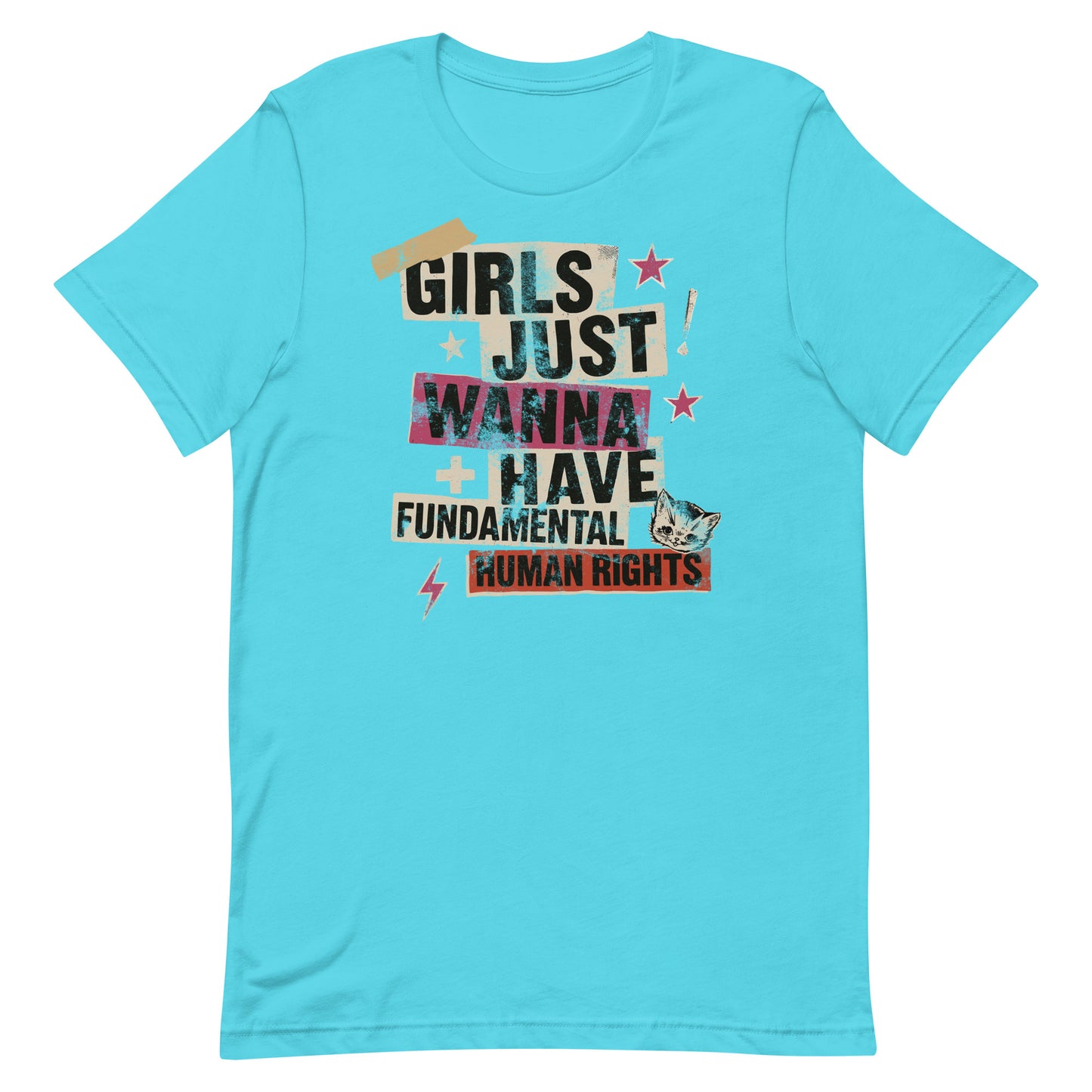 Turquoise unisex t-shirt with graphic feminist collage design and distressed text layout. A fresh take on empowerment streetwear by Blue Wave USA.