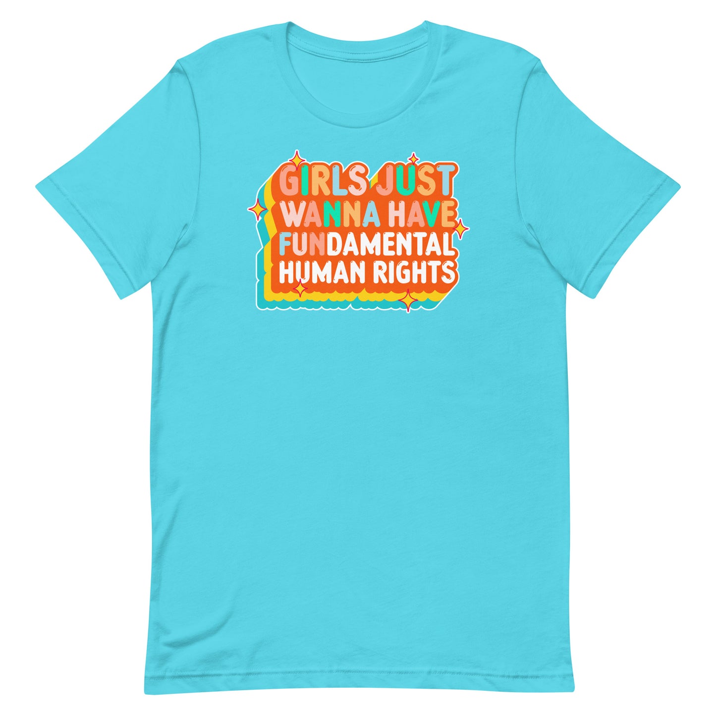 Turquoise t-shirt featuring sunset-inspired typography with playful contrast. Soft feminist statement tee for everyday wear.