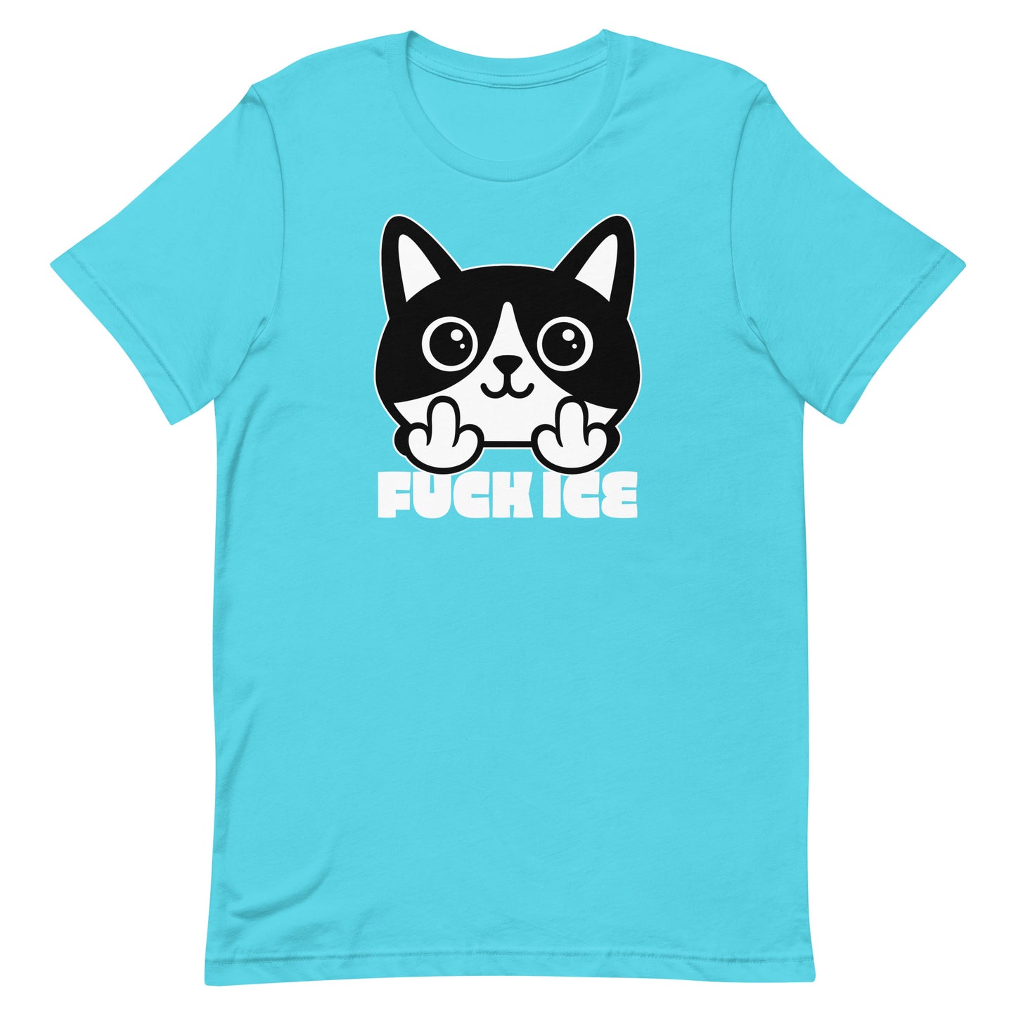 Turquoise t-shirt featuring bold graphic cartoon cat flipping the middle finger, thick white line art, centered layout, printed message “FUCK ICE,” aqua garment color.