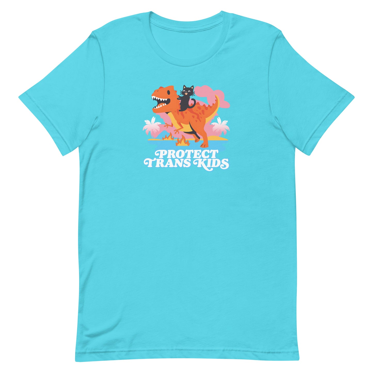 Turquoise unisex t-shirt with colorful dinosaur and ally cat illustration above bold retro typography reading “Protect Trans Kids,” progressive apparel design by Blue Wave USA.
