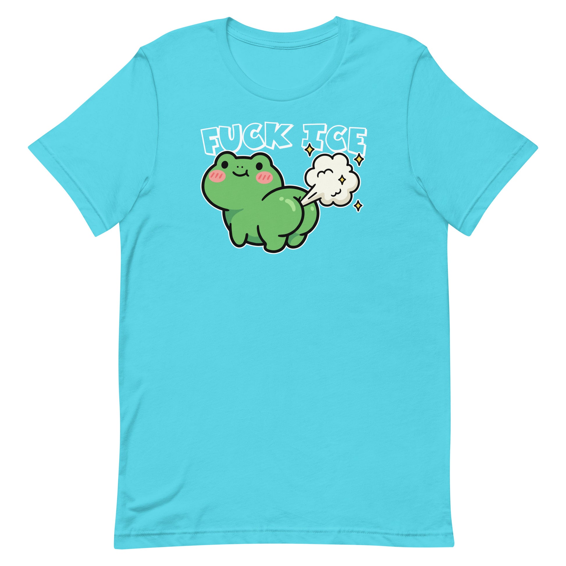 Teal unisex T-shirt featuring cartoon frog with gas cloud and “Fuck ICE” text, playful anti-ICE protest apparel with bold graphic style.