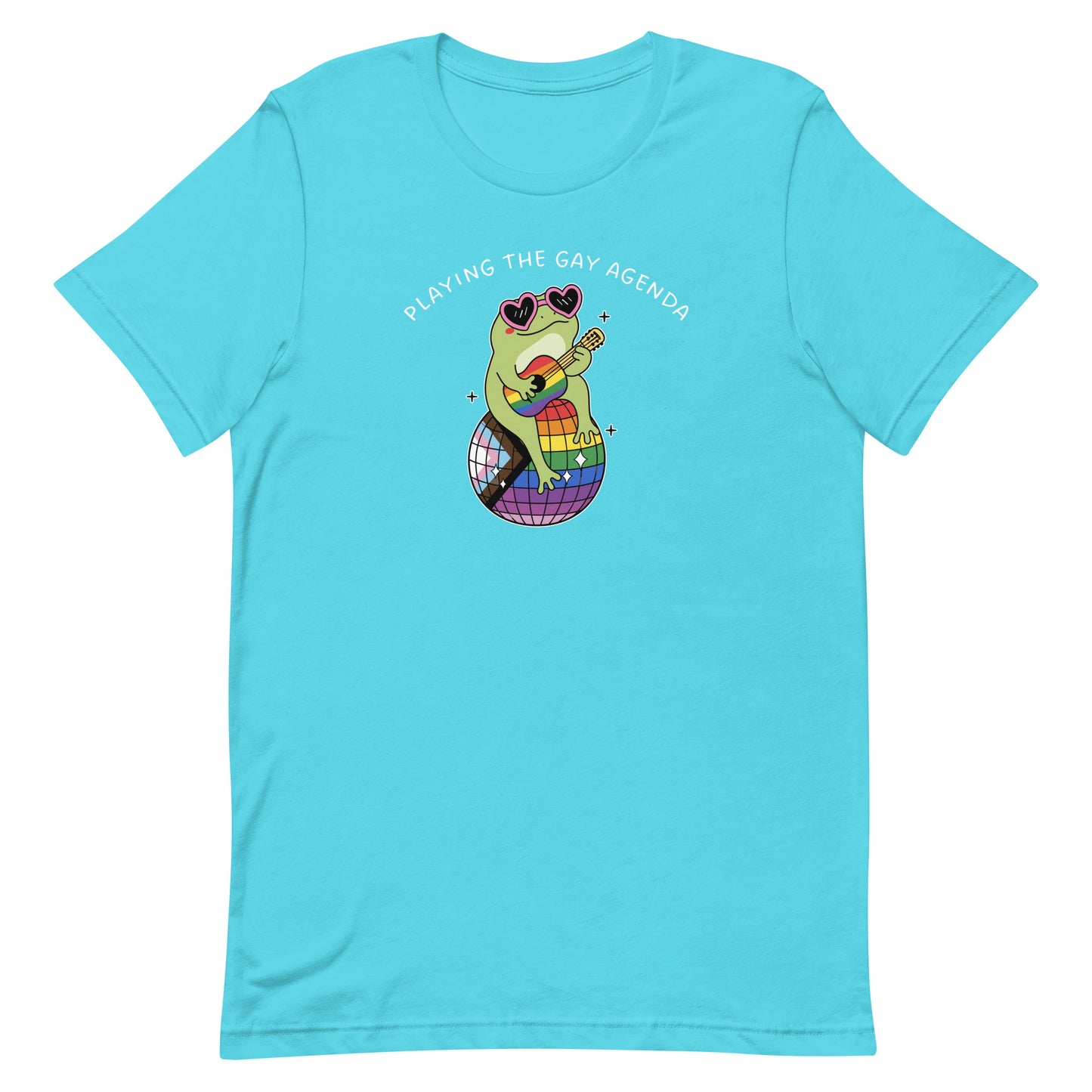 Turquoise pride t-shirt displaying a disco frog character with heart-shaped sunglasses, rainbow details, and playful LGBTQ+ pride-inspired artwork.