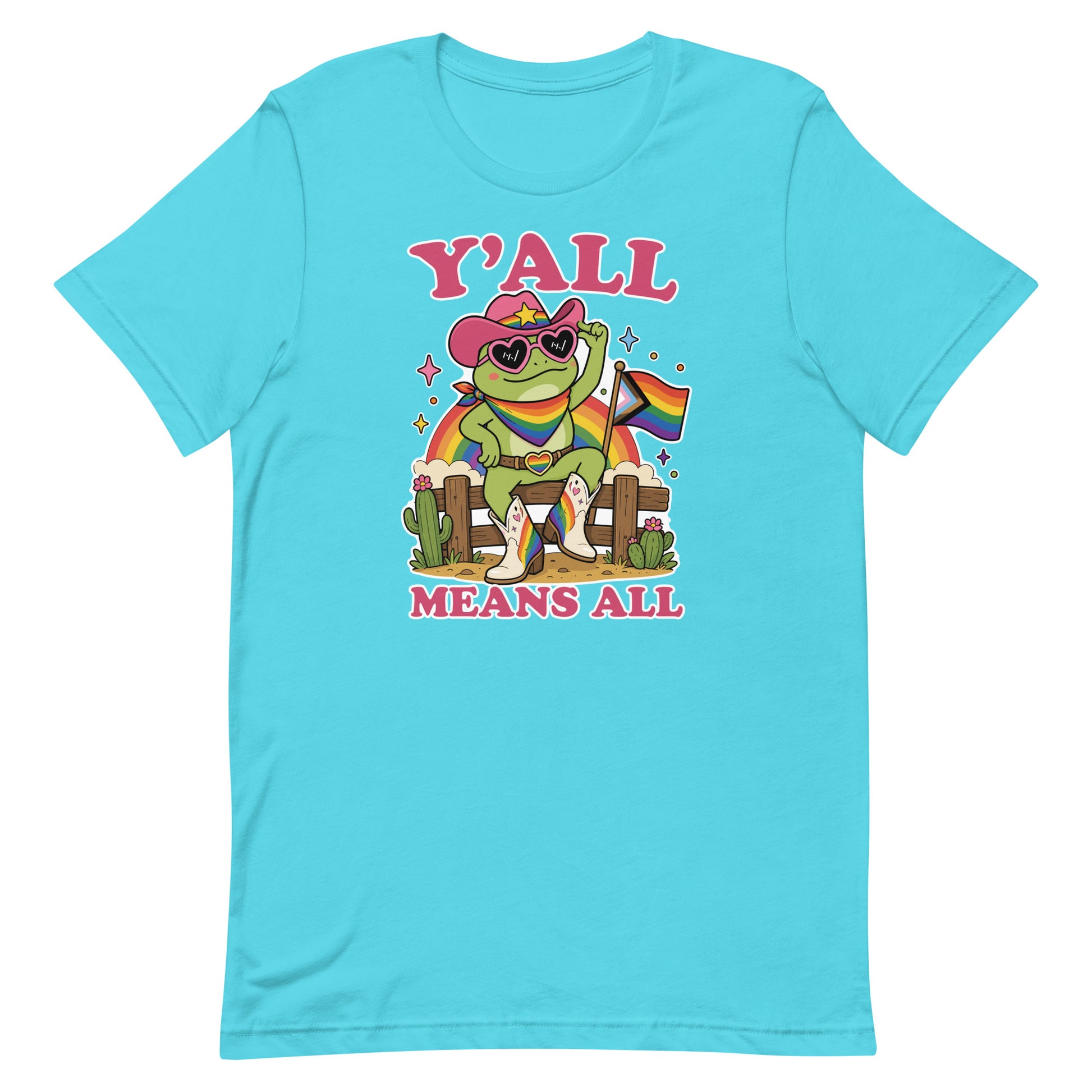 Turquoise LGBTQ+ pride t-shirt displaying a rainbow cowboy frog in western attire with pride flag details and welcoming “Y’All Means All” design.