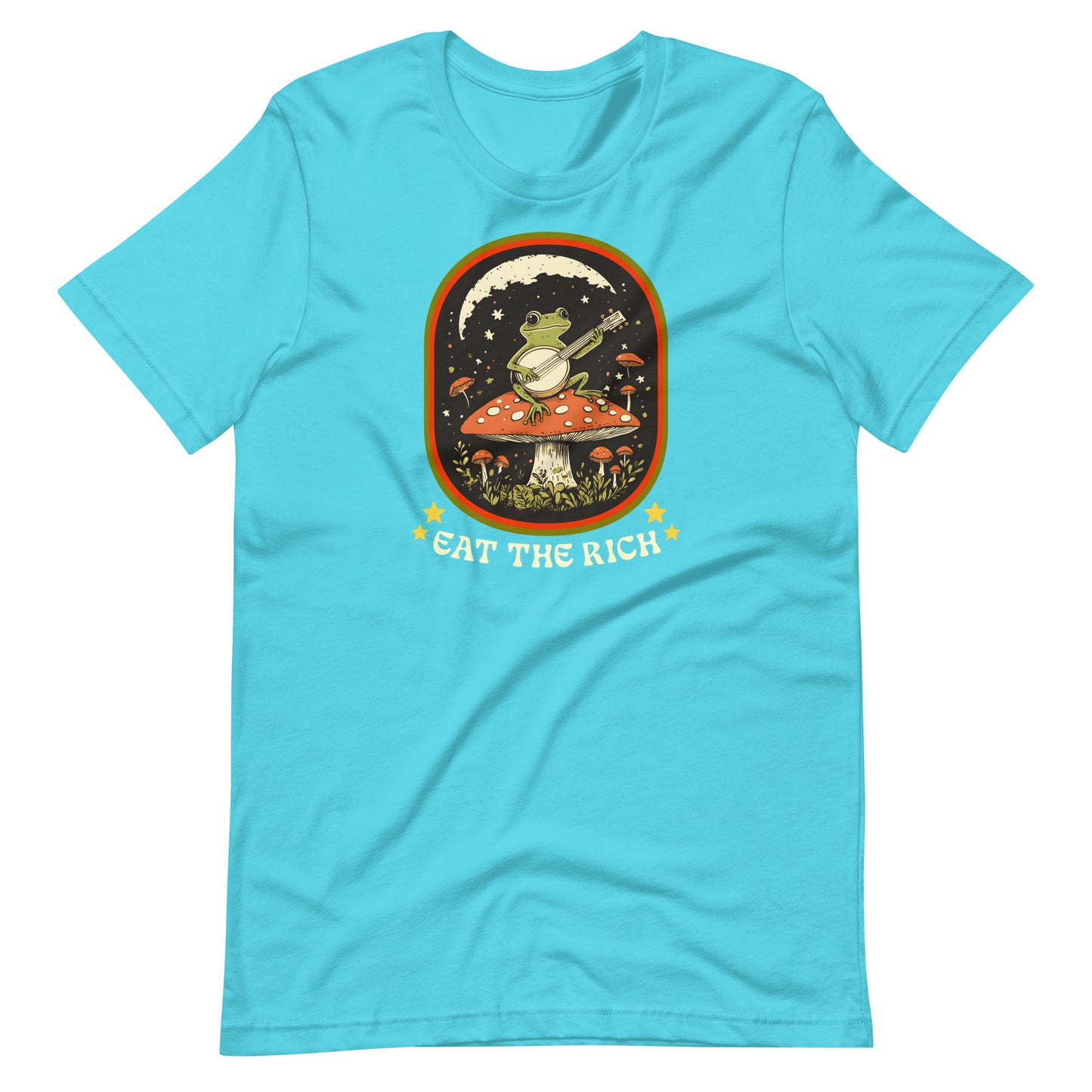 Turquoise blue unisex t-shirt displaying a banjo-playing frog graphic with vintage-inspired colors and the phrase “Eat The Rich.”