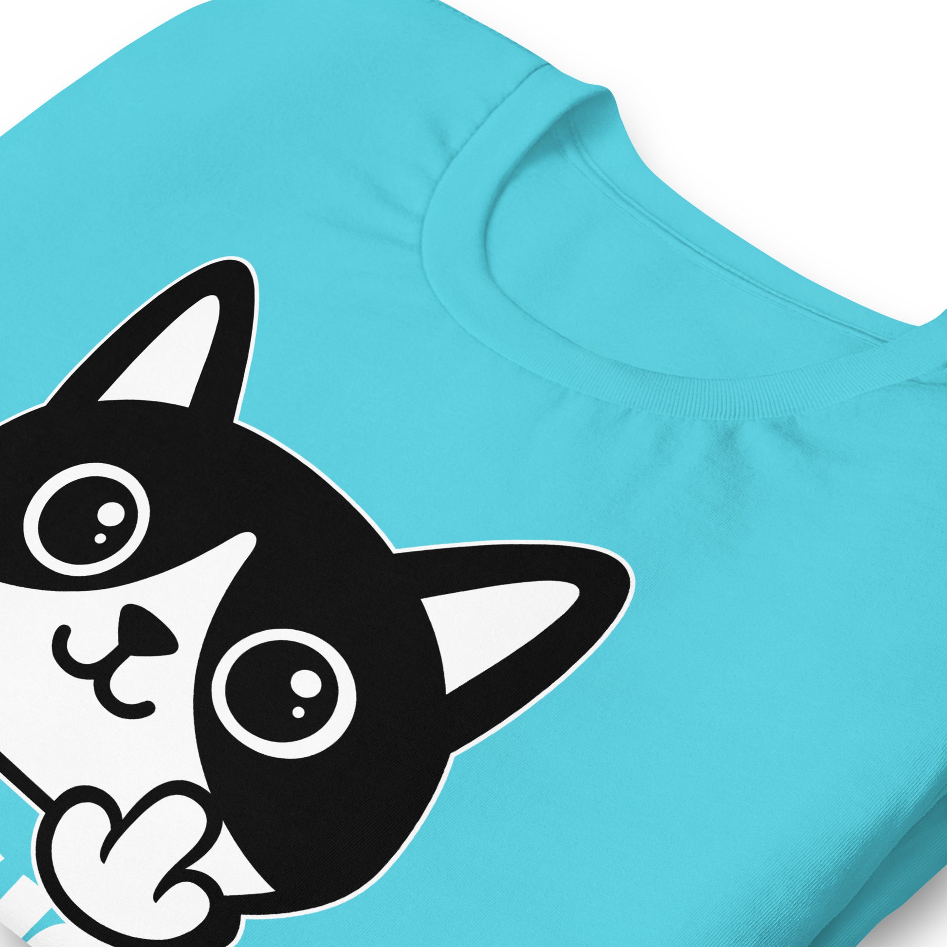 Close-up of turquoise t-shirt showing bold graphic cat illustration with raised middle finger, thick white outlines, smooth print texture, printed message “FUCK ICE,” teal garment color.