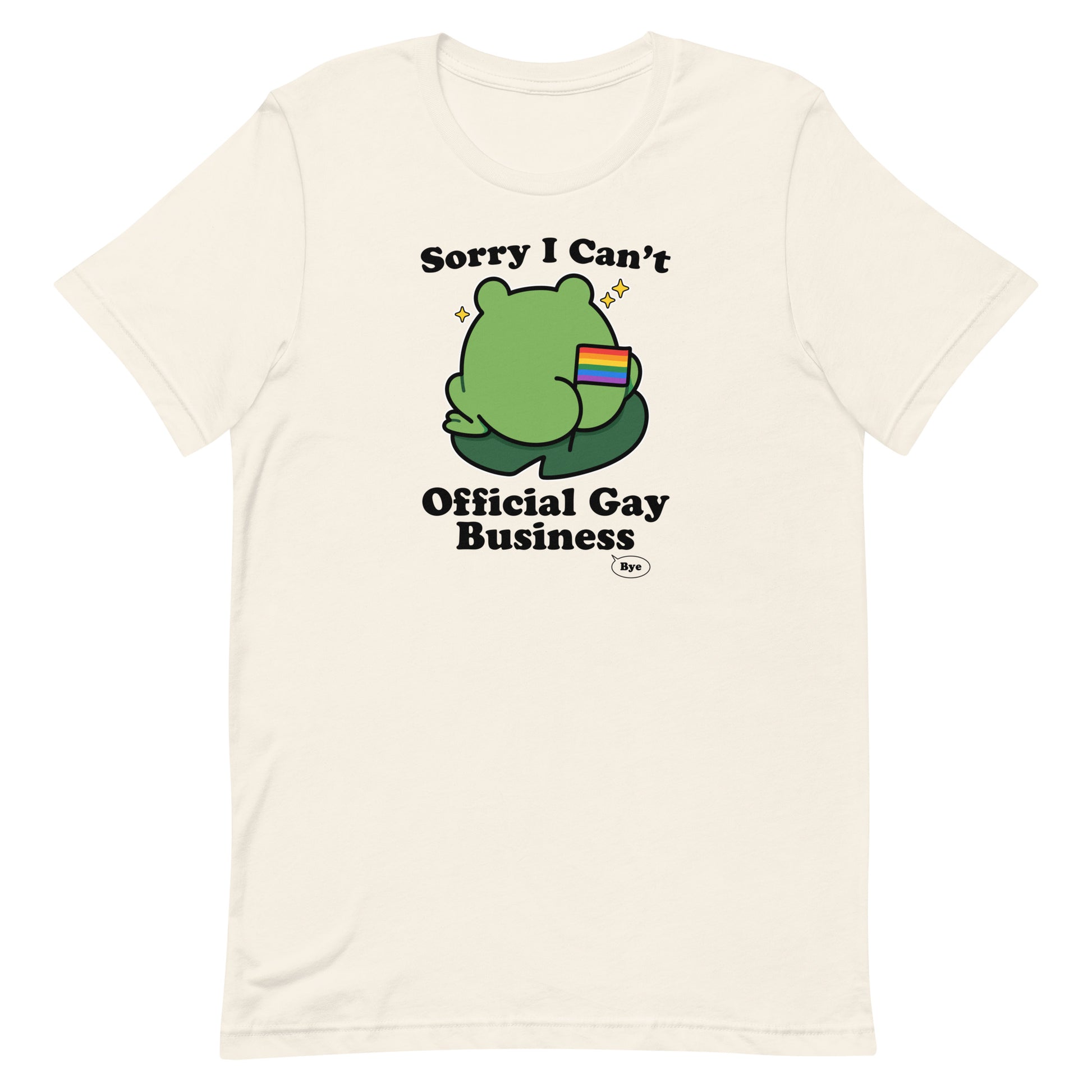 Vintage white unisex t-shirt featuring a frog holding a rainbow flag with playful “Official Gay Business” design inspired by LGBTQ+ community and pride culture.