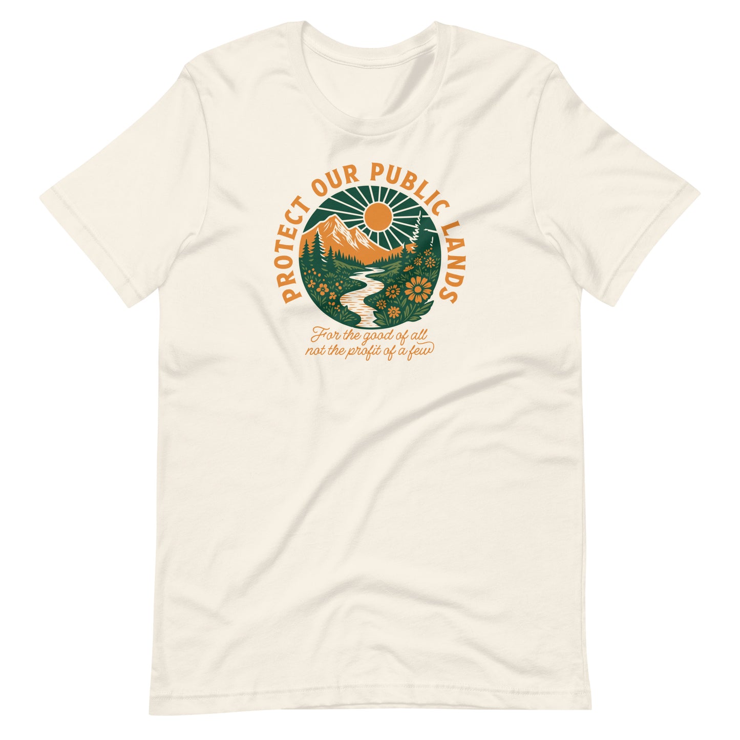 Vintage white t-shirt featuring a vintage outdoor illustration celebrating public lands, environmental protection, conservation, and access to natural spaces.