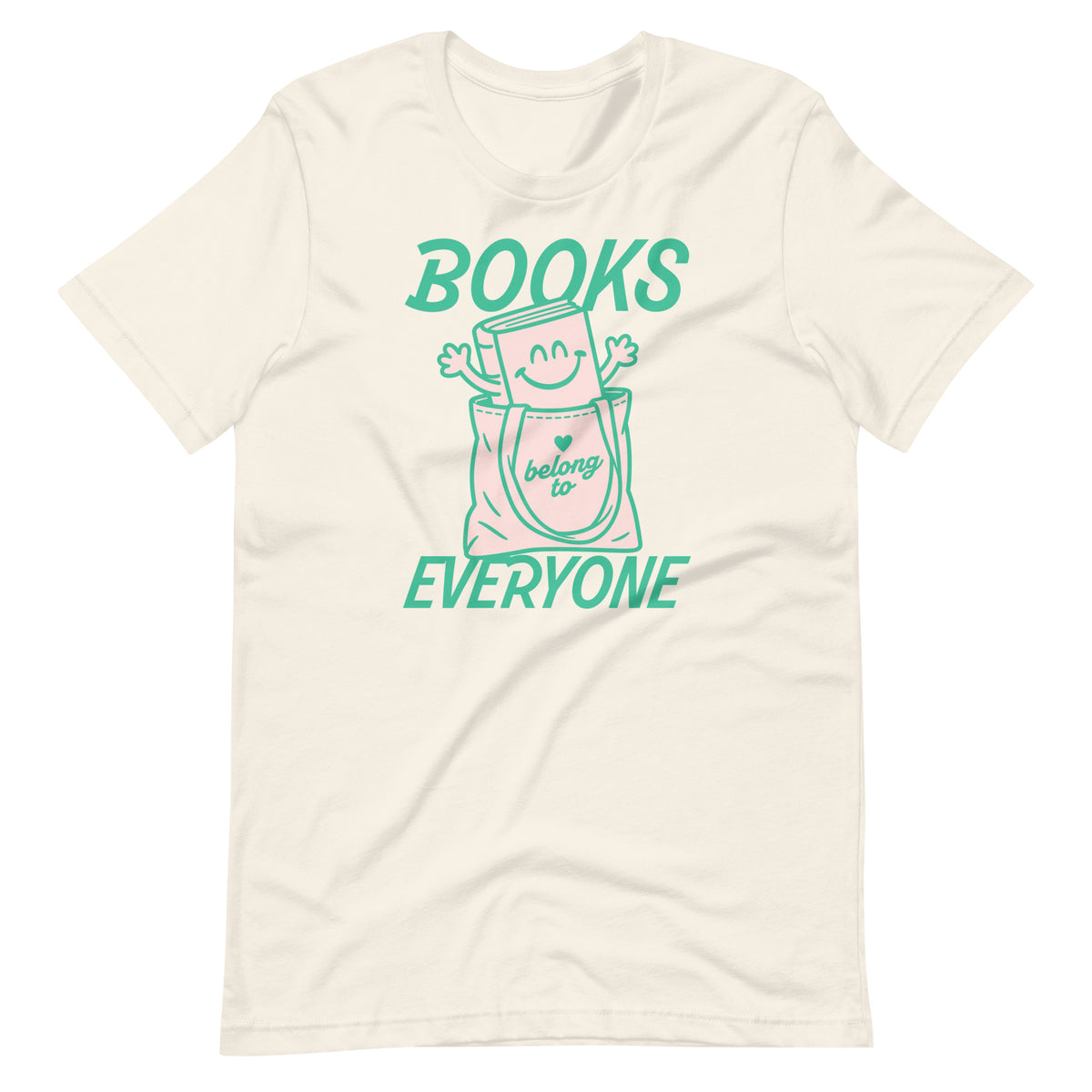 Vintage white unisex t-shirt featuring the “Books Belong to Everyone” book character graphic supporting libraries and the freedom to read.