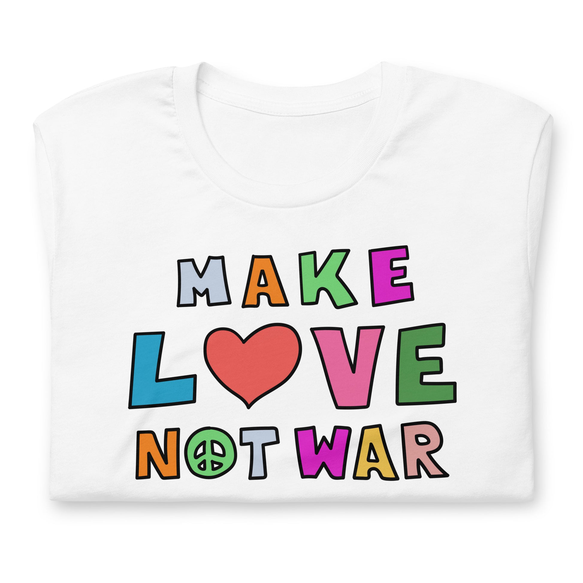 Close-Up of Design: Detailed view of the anti-war “Make Love Not War” graphic