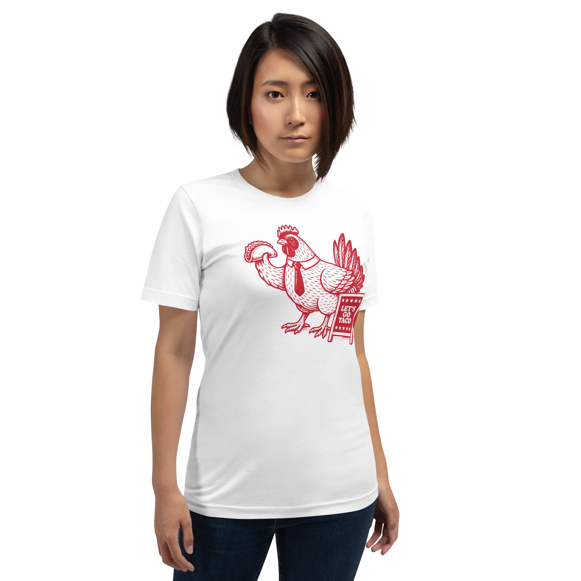 Lifestyle Image: Woman wearing the Let’s Go T.A.C.O. Shirt– Bold Political Statement
