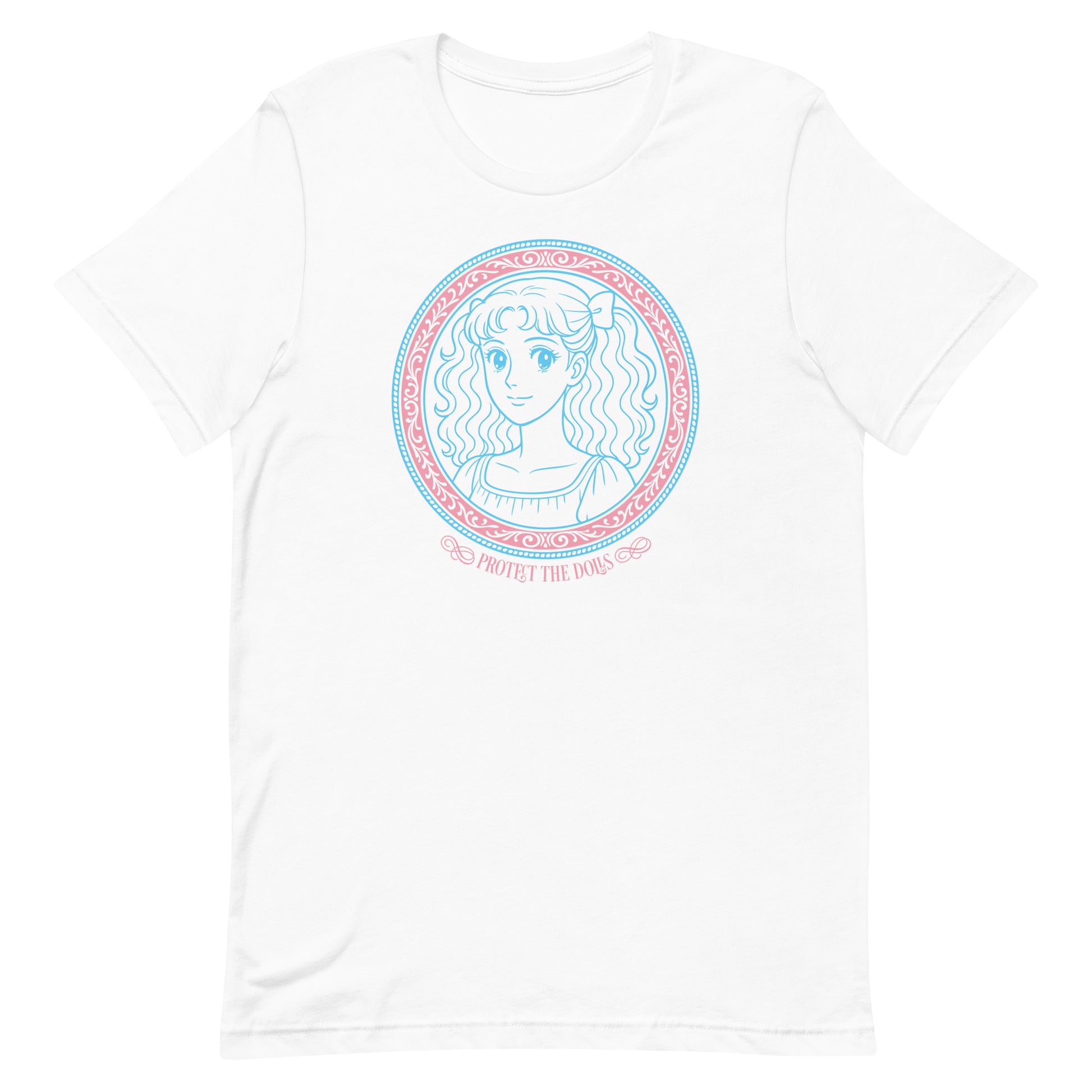 Front View Image: Protect The Dolls t-shirt with trans pride anime-style graphic