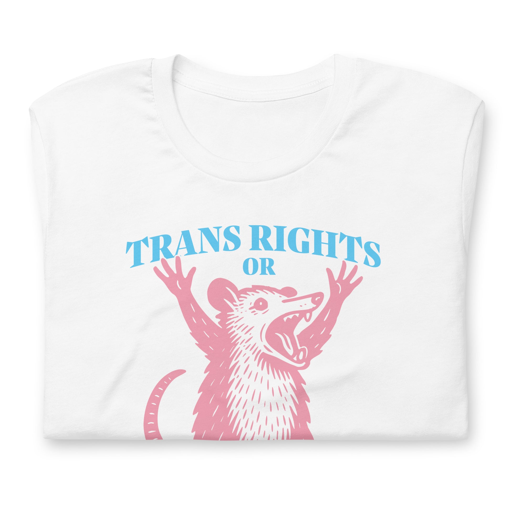 Detail view of the "Trans Rights Or I Bites" Opossum Trans LGBTQ+ Protest Unisex T-Shirt