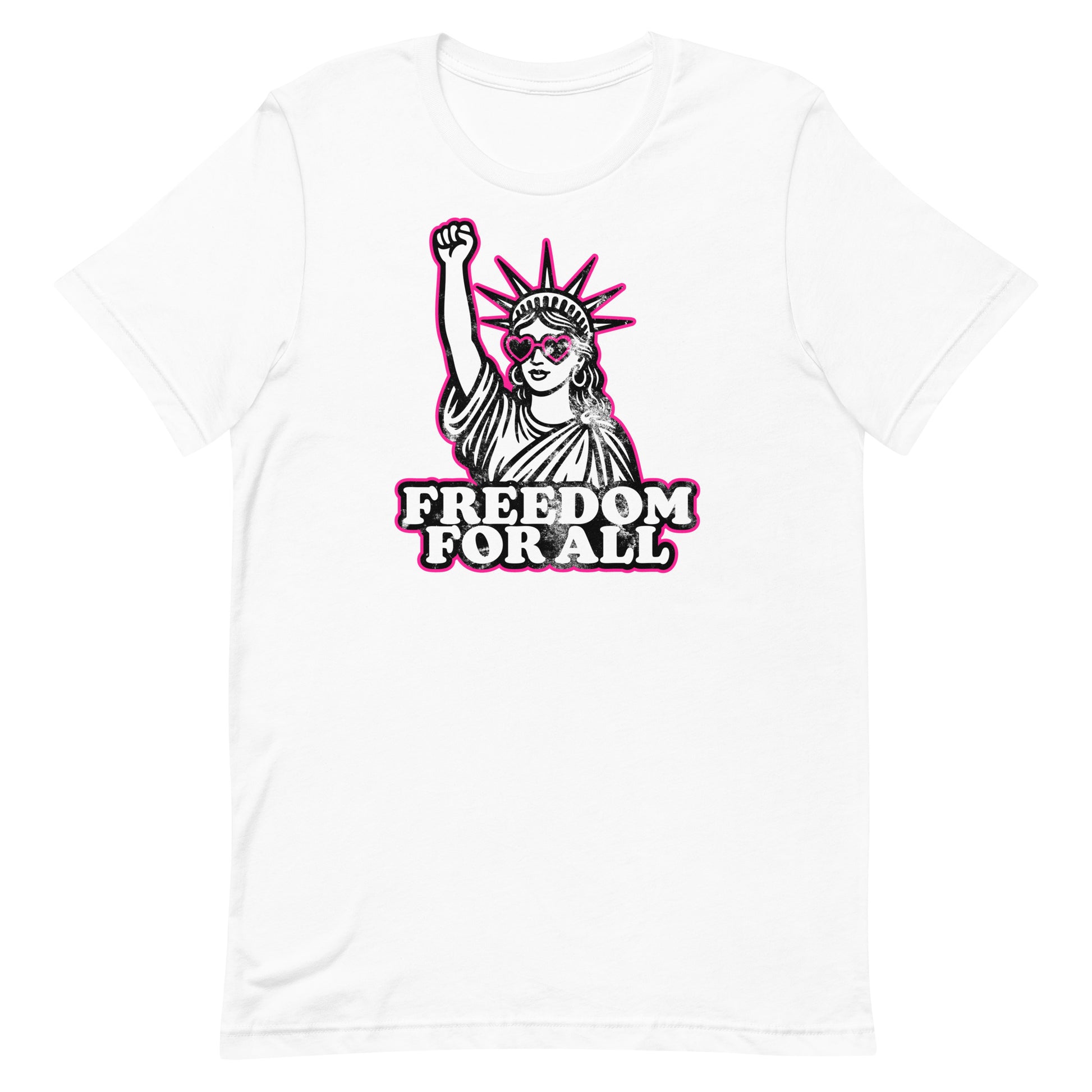 Front View Image: Front view of Freedom For All t-shirt with pink heart sunglasses and raised fist Statue of Liberty