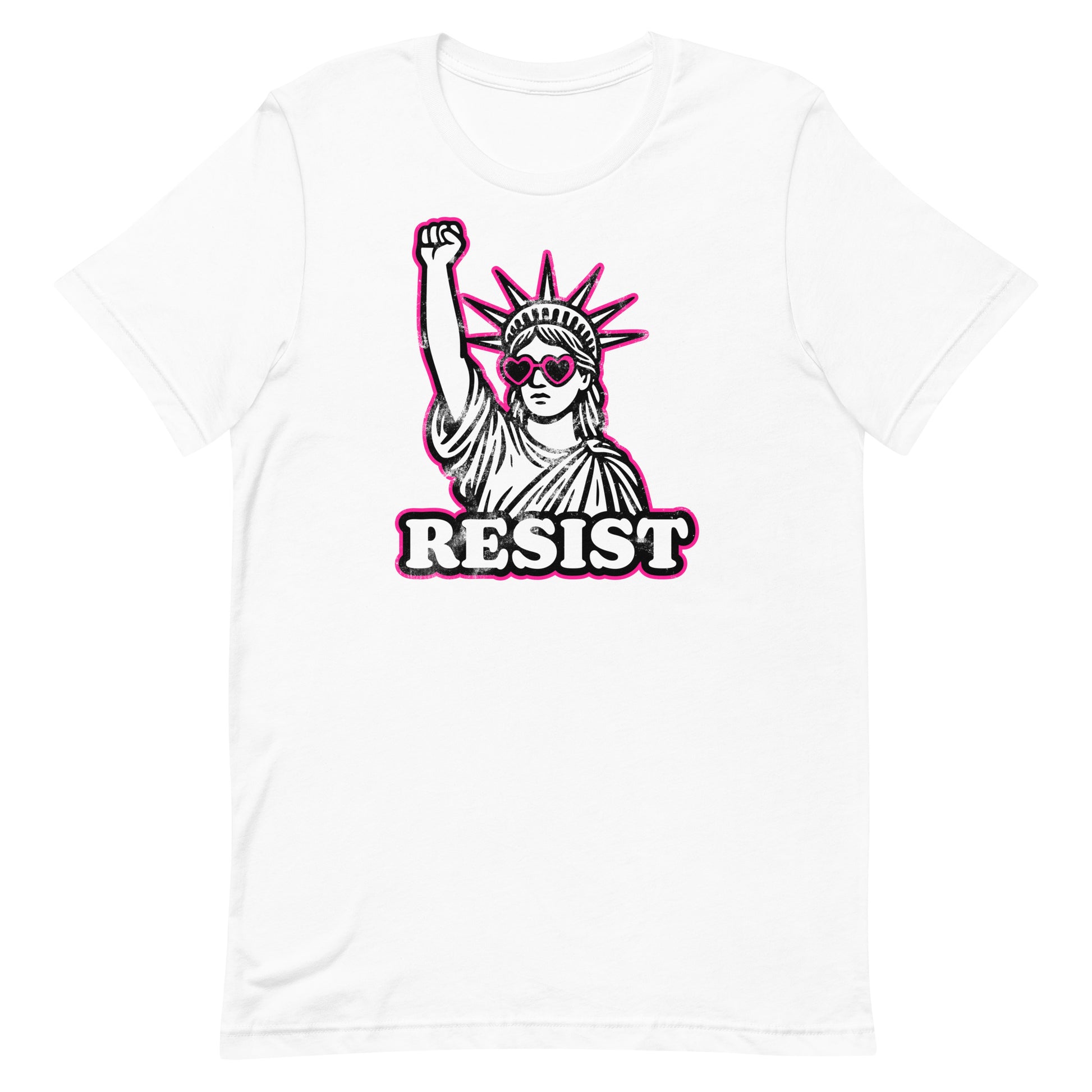 Front View Image: Front view of RESIST feminist t-shirt with raised fist Statue of Liberty and pink heart sunglasses