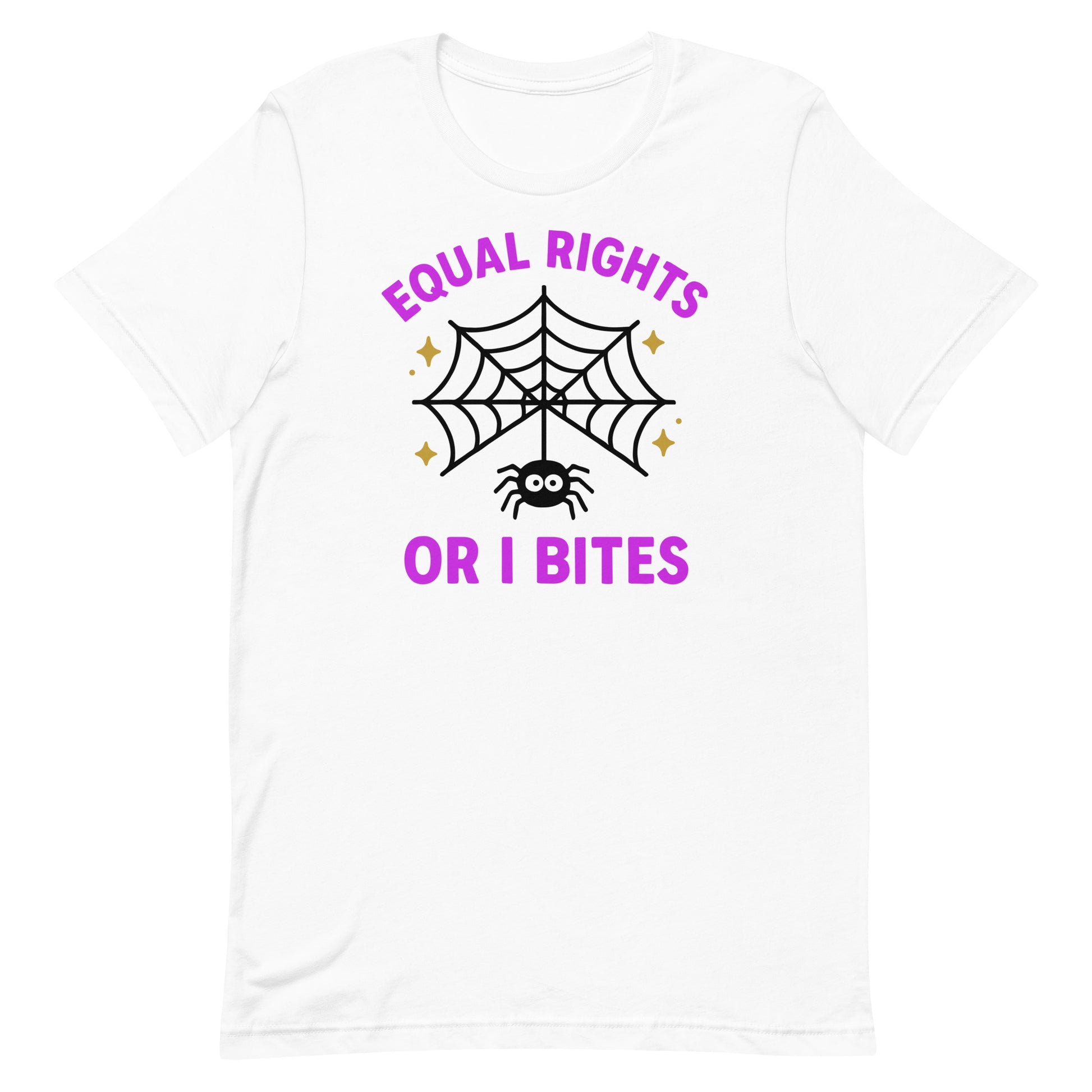 White “Equal Rights or I Bites” web and spider graphic shirt, feminist Halloween tee by Blue Wave progressive apparel.