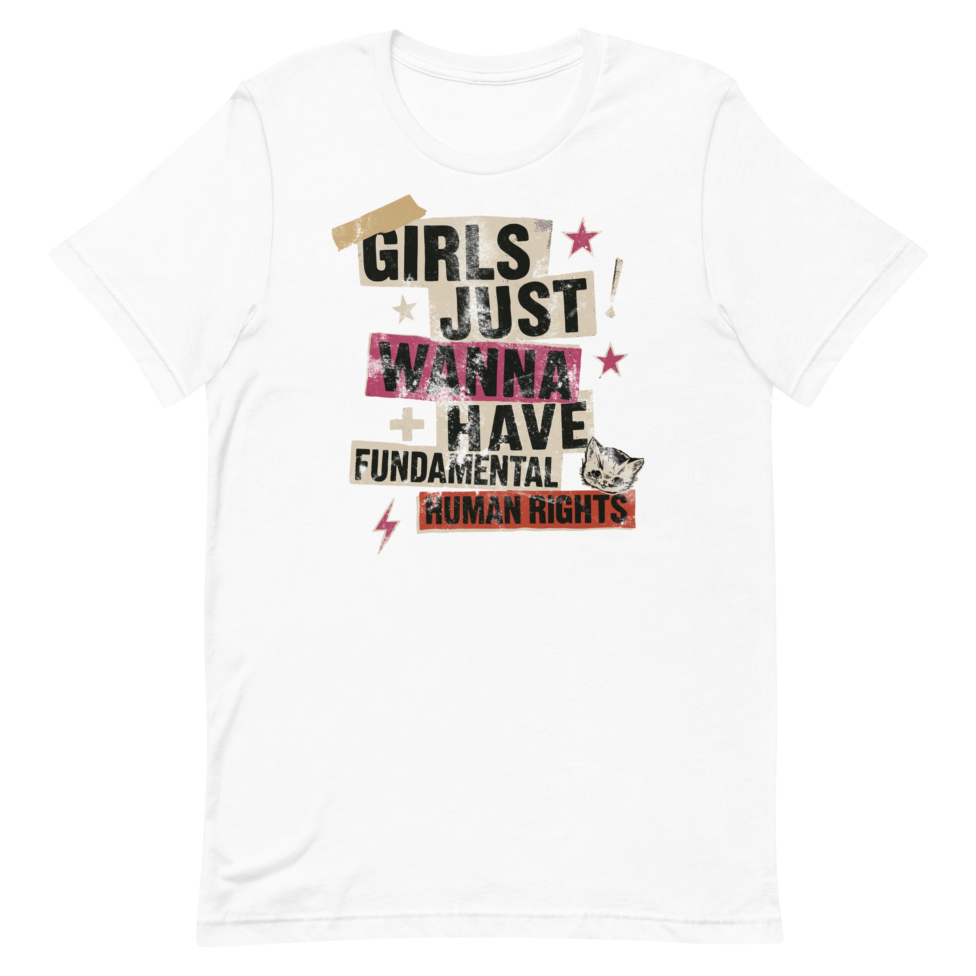 White unisex t-shirt with mixed-text collage design and lightning accents reading “Girls Just Wanna Have Fundamental Human Rights.” Feminist grunge tee by Blue Wave USA.