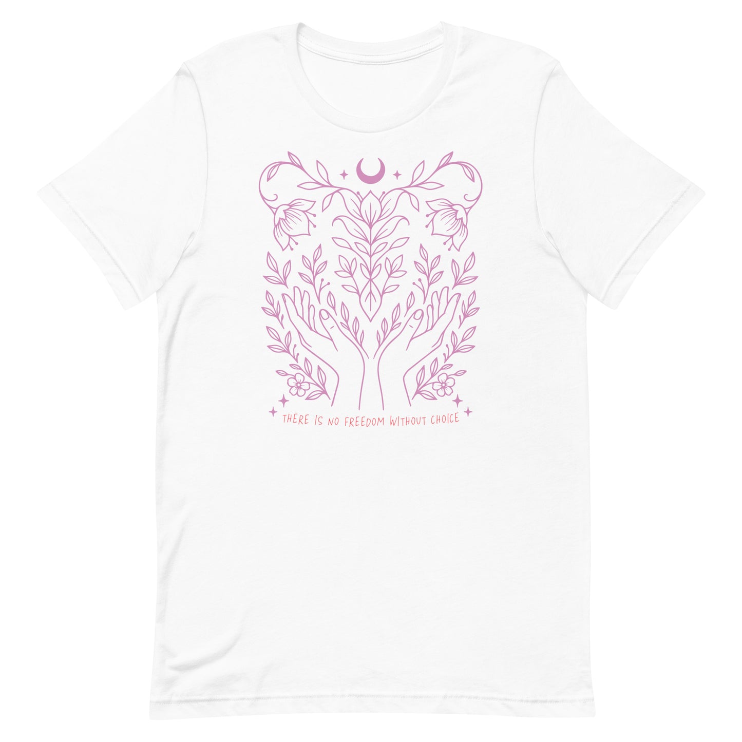 White unisex t-shirt with pink pro-choice artwork symbolizing unity, autonomy, and freedom. Modern activist design by Blue Wave USA.