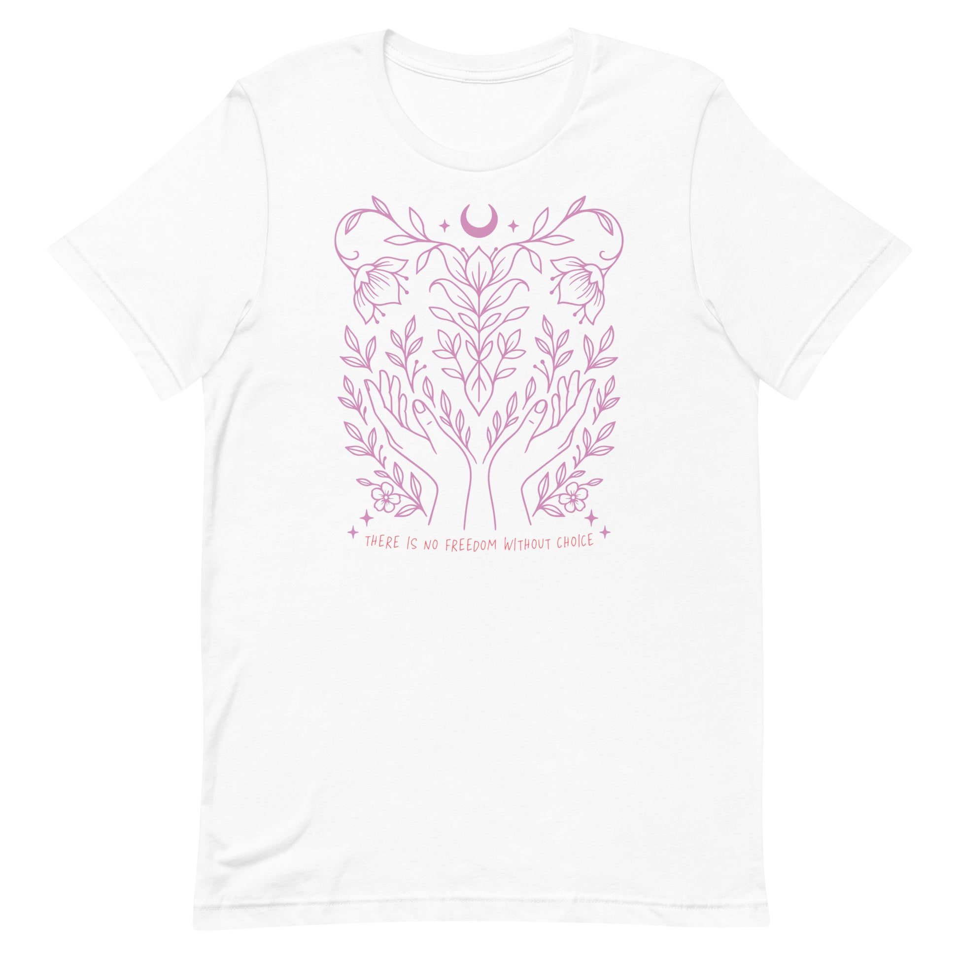 White unisex t-shirt with pink pro-choice artwork symbolizing unity, autonomy, and freedom. Modern activist design by Blue Wave USA.