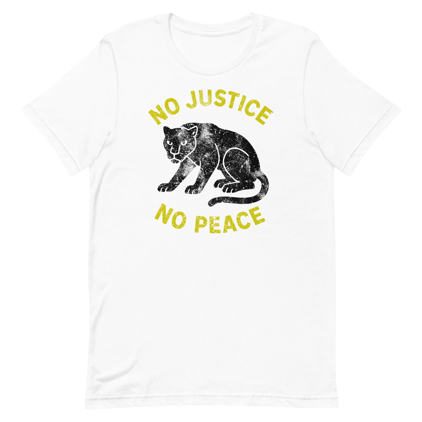 White unisex t-shirt printed with “NO JUSTICE NO PEACE” and chalk-style panther graphic. Progressive tee supporting social justice expression.