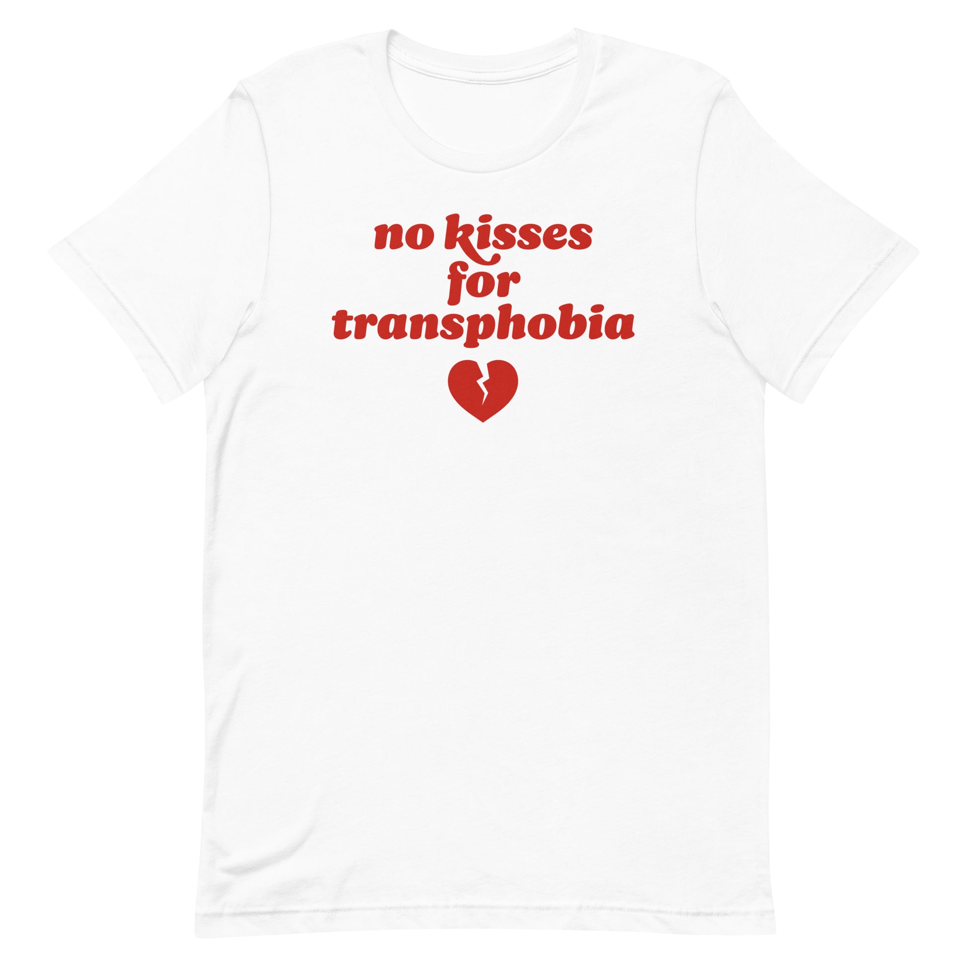 Unisex t-shirt in white displaying “no kisses for transphobia” in retro lettering with heart graphic, a justice-focused Valentine design from Blue Wave USA.