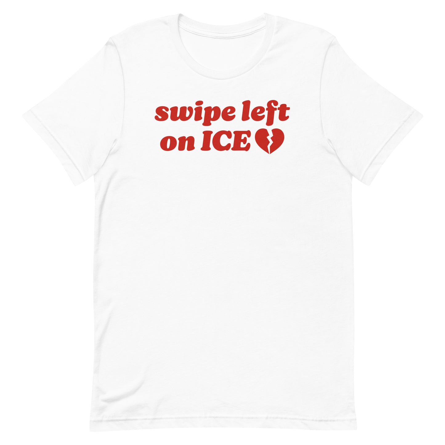 Unisex t-shirt in white displaying “swipe left on ICE” in retro lettering with heart symbol, a justice-focused Valentine design from Blue Wave USA.