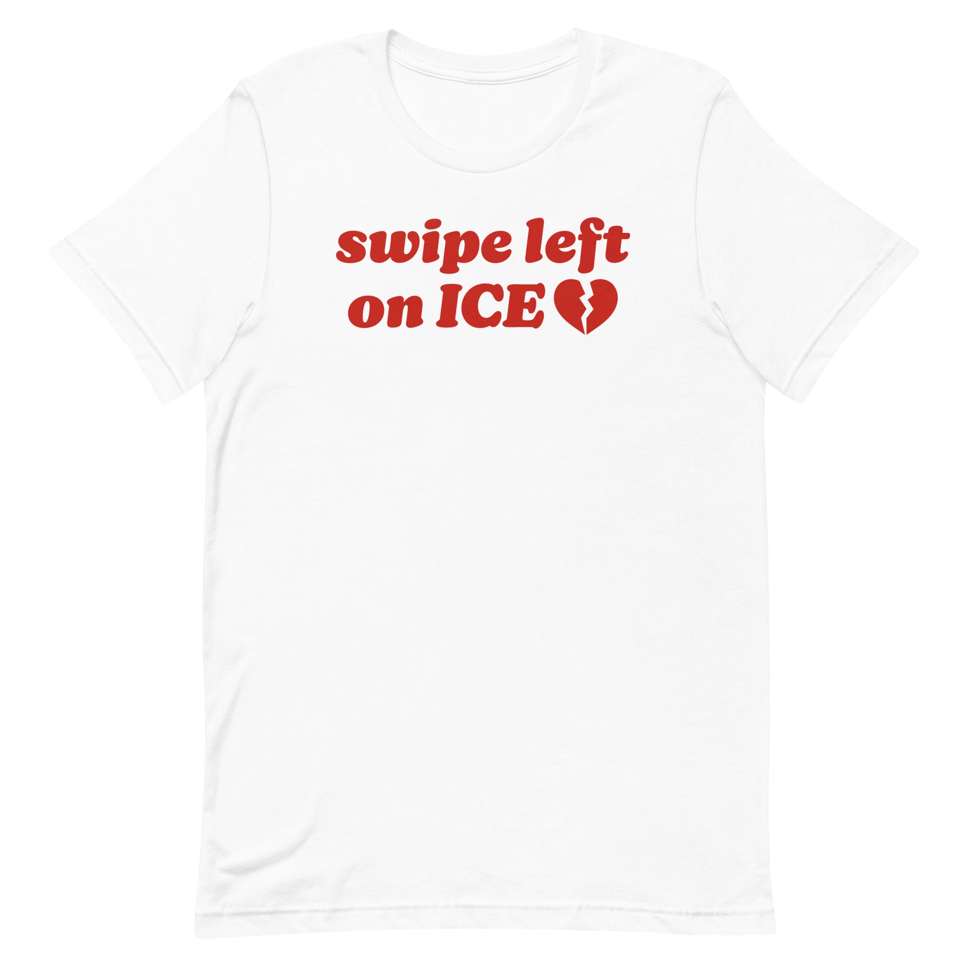 Unisex t-shirt in white displaying “swipe left on ICE” in retro lettering with heart symbol, a justice-focused Valentine design from Blue Wave USA.