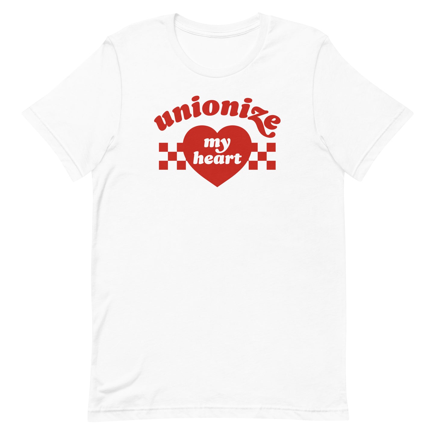 Unisex t-shirt mockup showing “unionize my heart” design on white shirt, centered heart graphic symbolizing labor solidarity and love, progressive apparel from Blue Wave USA.