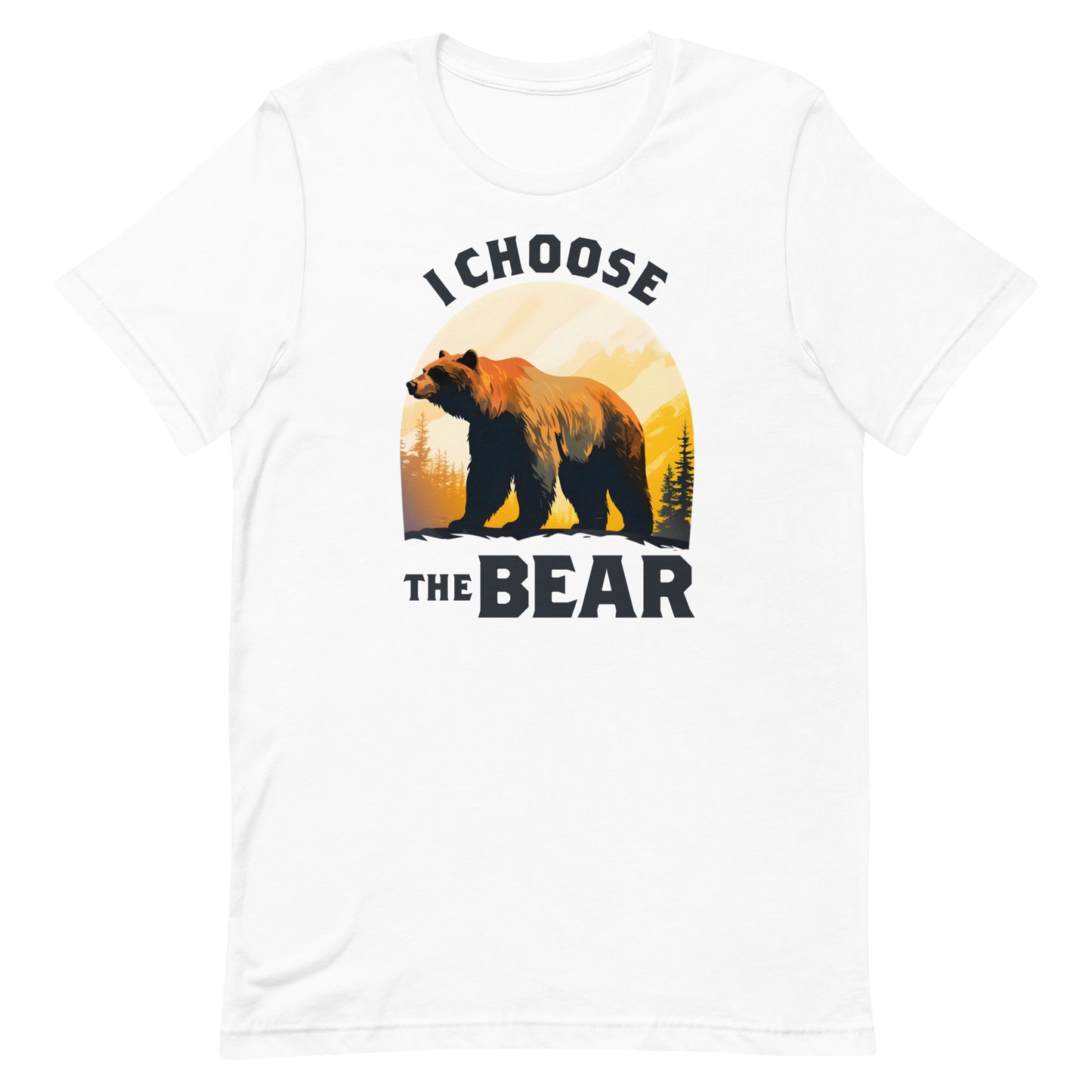 White unisex t-shirt featuring bear illustration inside sunset circle with phrase “I Choose The Bear,” women empowerment apparel from Blue Wave USA.