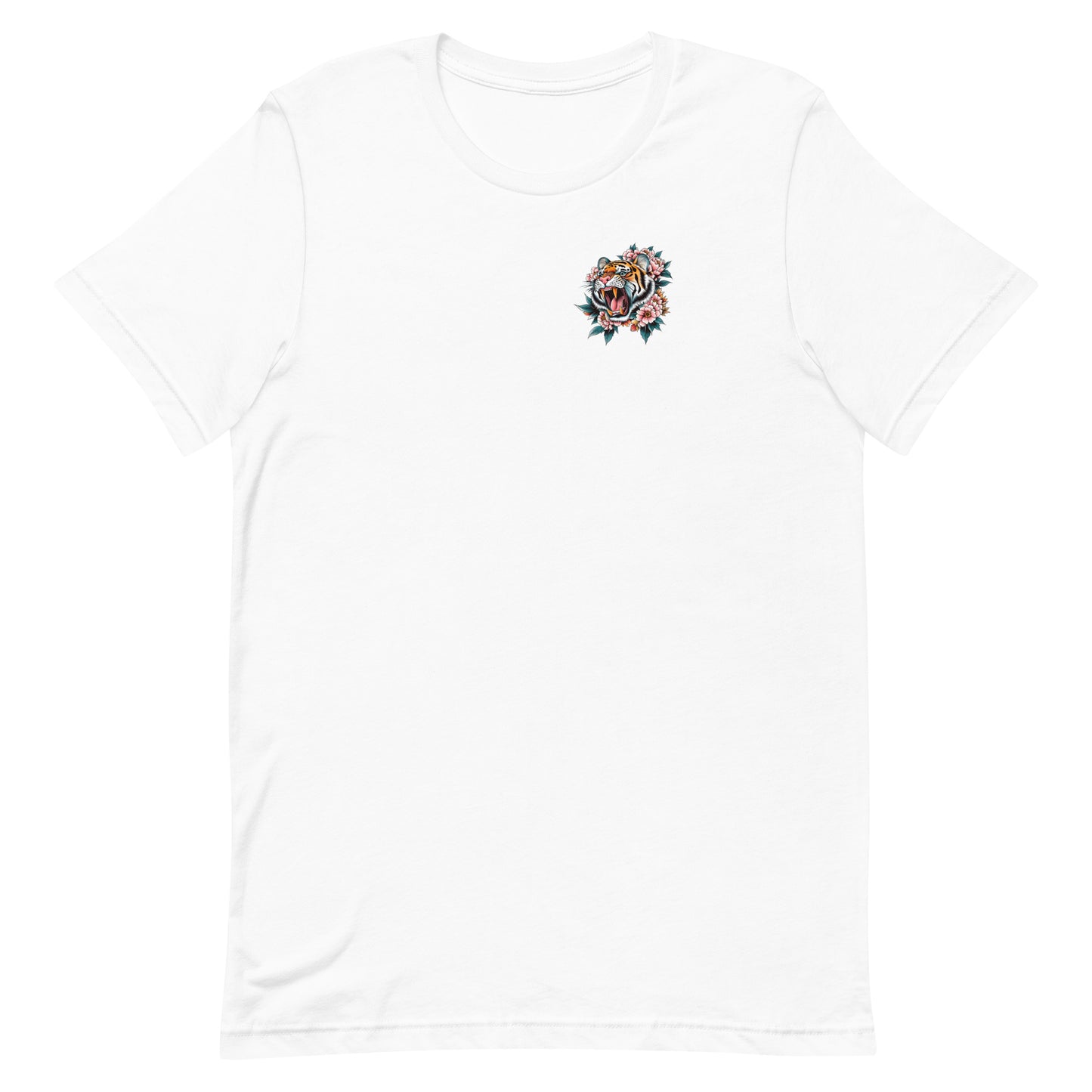 White unisex t-shirt featuring small tiger emblem on chest, minimalist artwork complementing “Women Don’t Owe You Sh*t” feminist activist clothing.