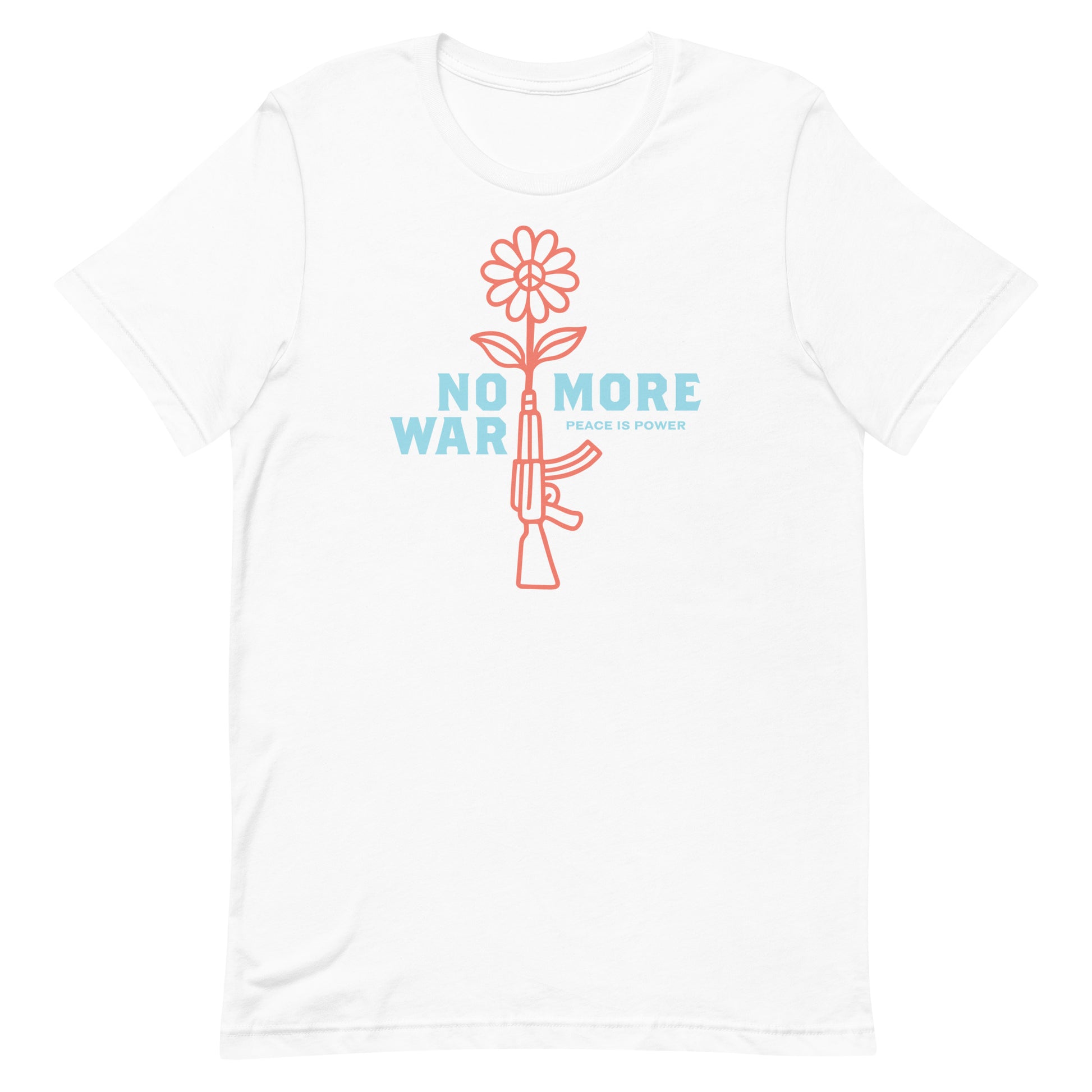 White unisex t-shirt with centered floral rifle illustration and bold “NO MORE WAR” message, modern protest apparel piece.