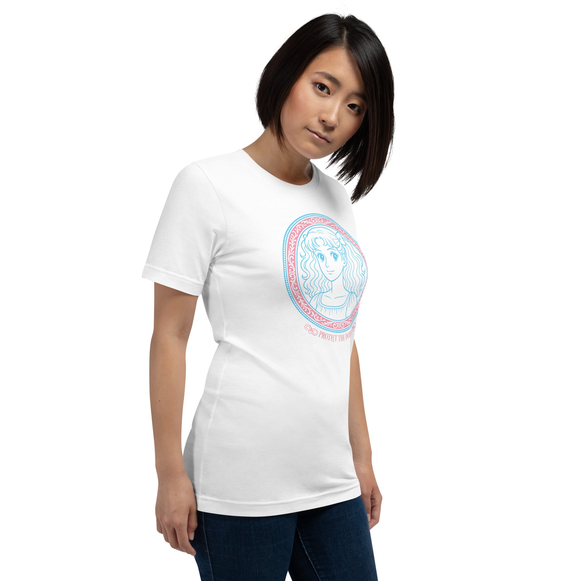 Lifestyle Image: Female model wearing Protect The Dolls shirt