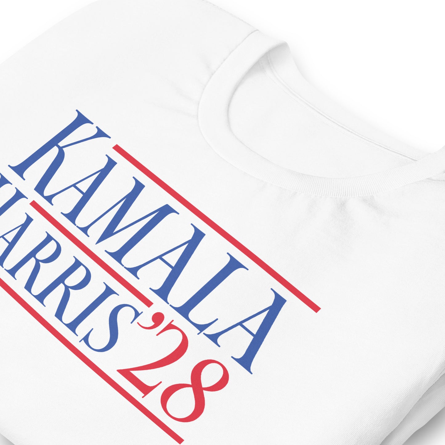 Close-Up of Design: Close-up of “Kamala Harris ’28” text with underline bars in campaign typeface