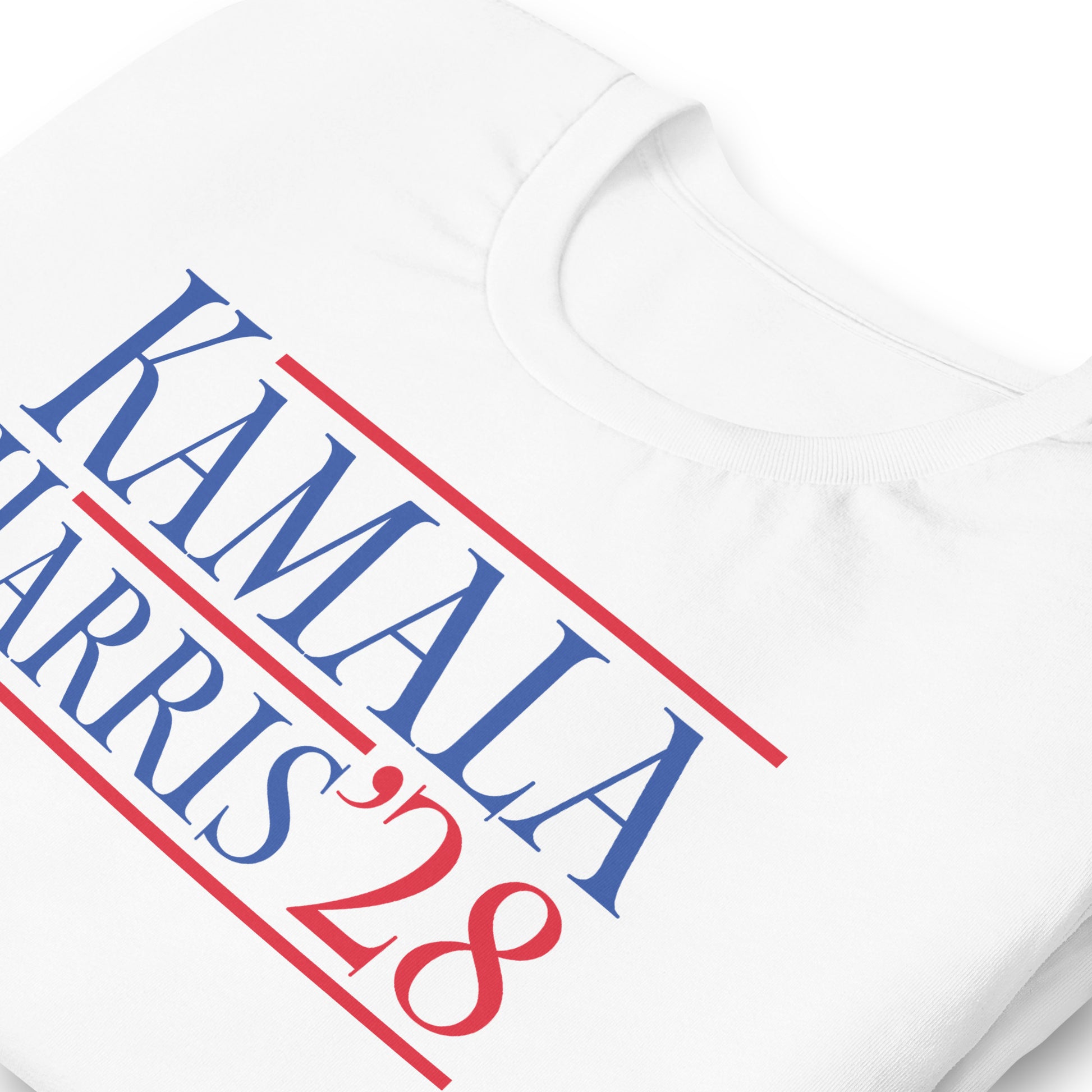 Close-Up of Design: Close-up of “Kamala Harris ’28” text with underline bars in campaign typeface