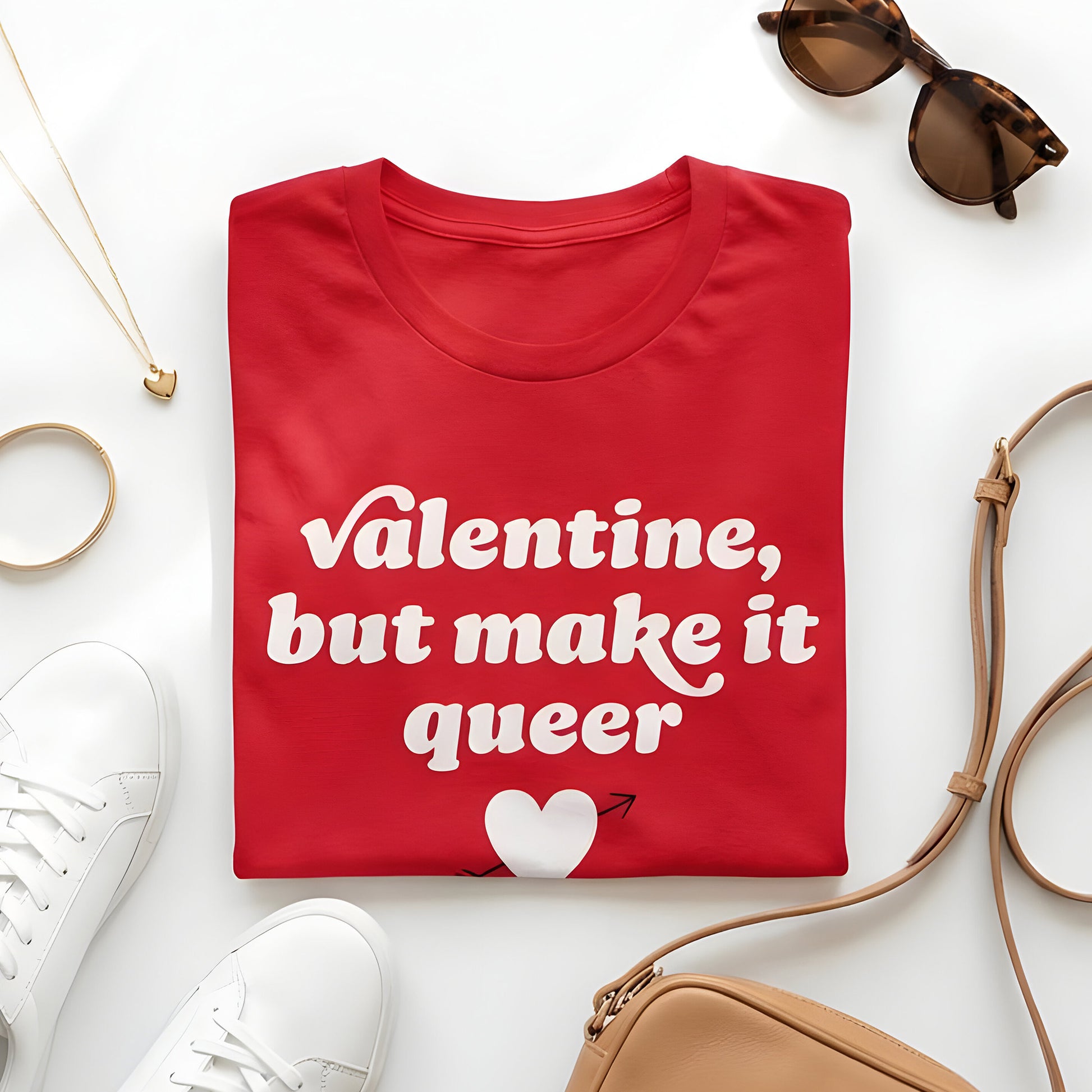 Unisex folded red t-shirt with retro lettering and heart artwork displaying the phrase “Valentine, but make it queer,” part of Blue Wave USA’s LGBTQ+ progressive apparel collection.