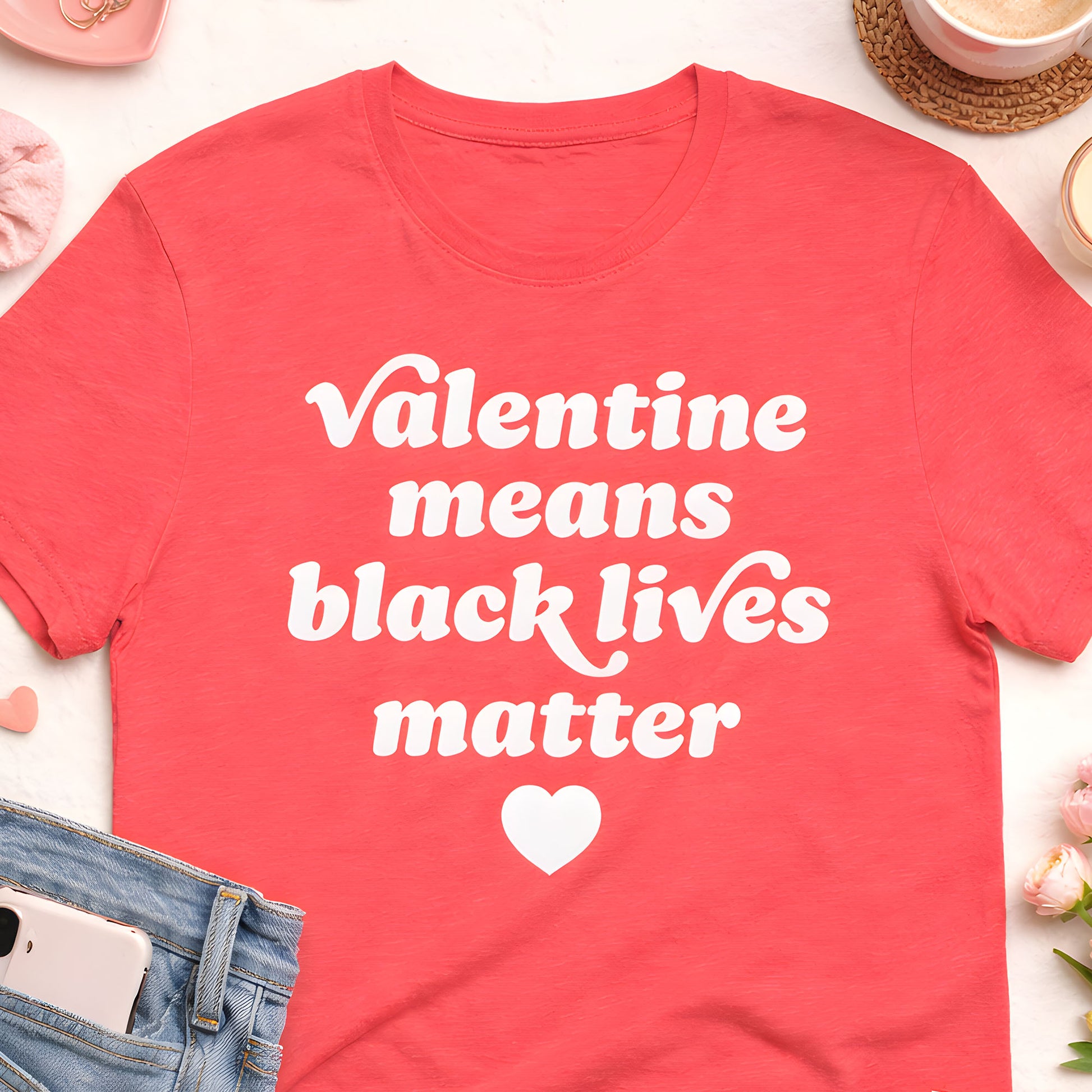 Heather red unisex t-shirt with bold white typography reading “Valentine means black lives matter,” heart icon below, styled flat lay with denim accents, justice-focused design by Blue Wave USA.