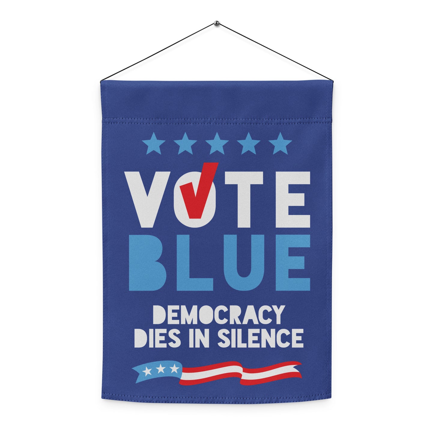 A vertical "Vote Blue" garden flag hanging from a classic black wrought iron garden stake against a plain white background.