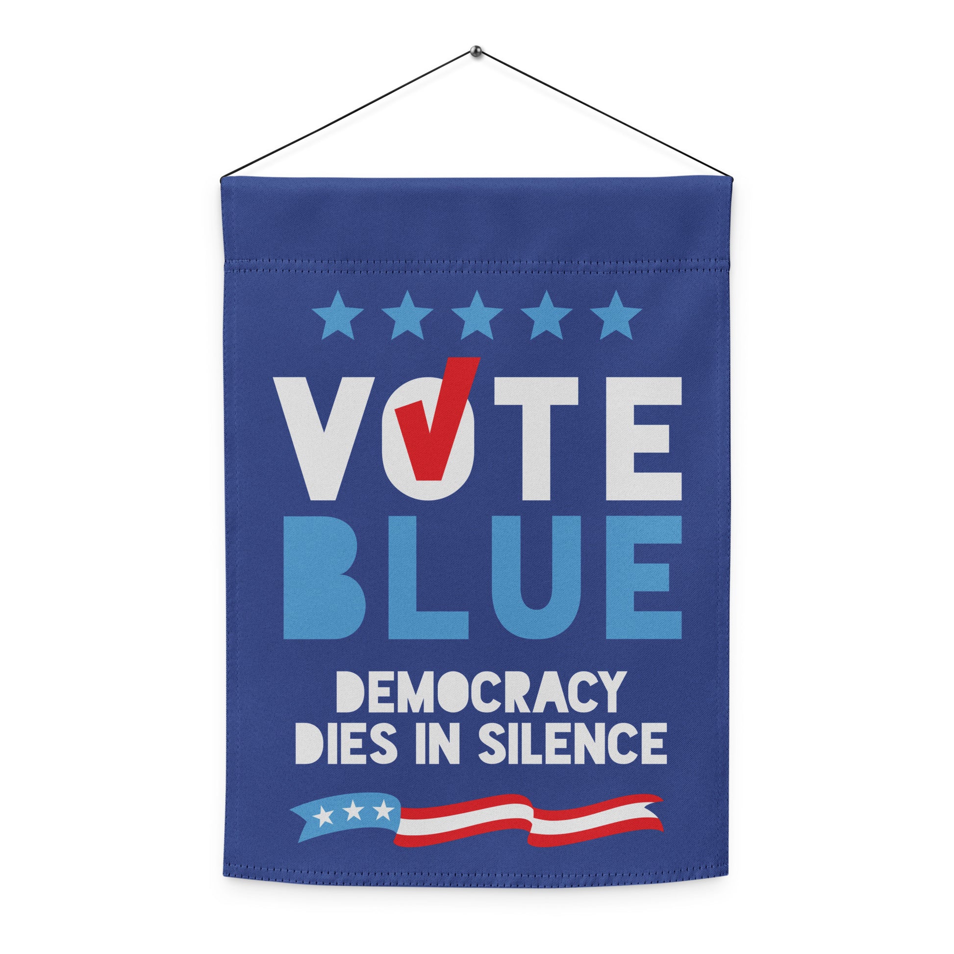 A vertical "Vote Blue" garden flag hanging from a classic black wrought iron garden stake against a plain white background.