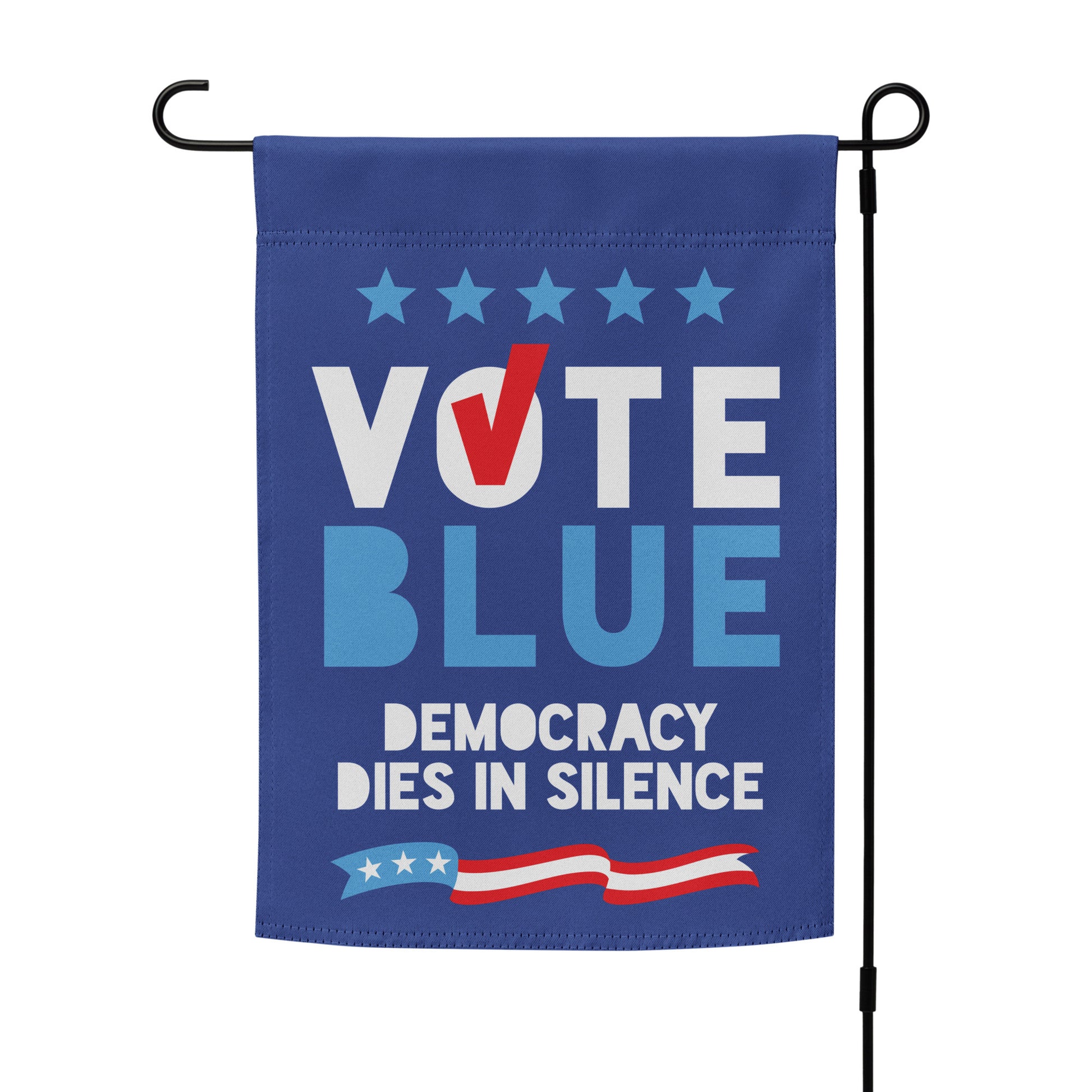 Front-facing studio shot of the "Vote Blue" garden flag featuring five stars, a red checkmark in the letter V, and a patriotic red, white, and blue banner at the bottom.