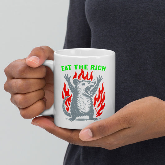 Front View Image: Eat The Rich Opossum 
11 oz white Mug – full front graphic with opossum and flames