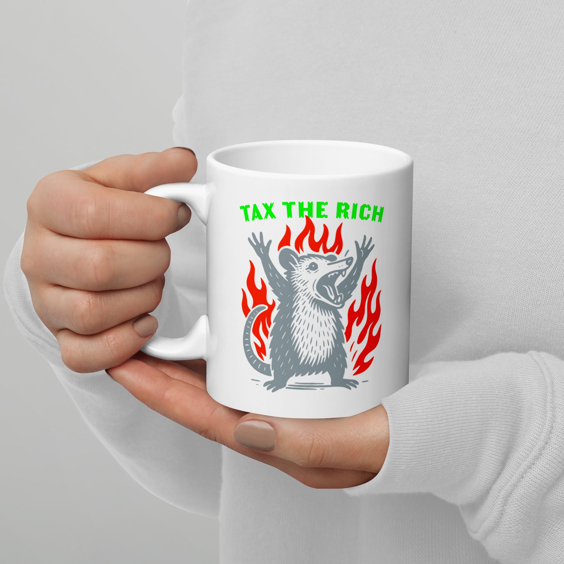 Front View Image: Tax The Rich Opossum 11 oz White Mug – protest graphic with flames and bold text
