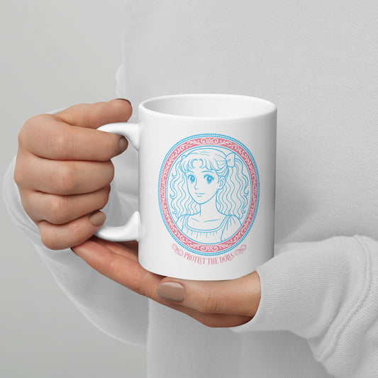 Front View Image: Protect The Dolls 11 oz white mug featuring pastel anime-style trans pride graphic