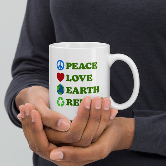 Front View Image: White 11 oz mug featuring bold Peace Love Earth Repeat graphic