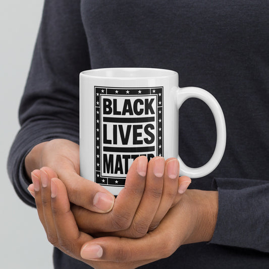 Front View Image: Black Lives Matter BLM White 11 oz Mug Front with Protest Graphic