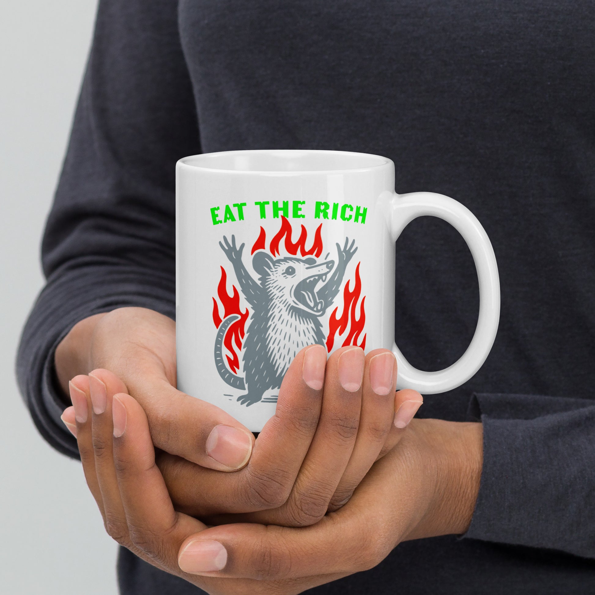 Front View Image: Eat The Rich Opossum 
11 oz white Mug – full front graphic with opossum and flames