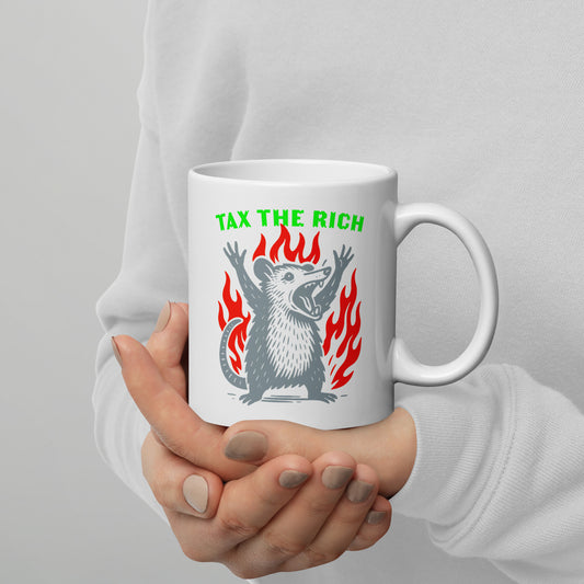 Front View Image: Tax The Rich Opossum 11 oz White Mug – protest graphic with flames and bold text