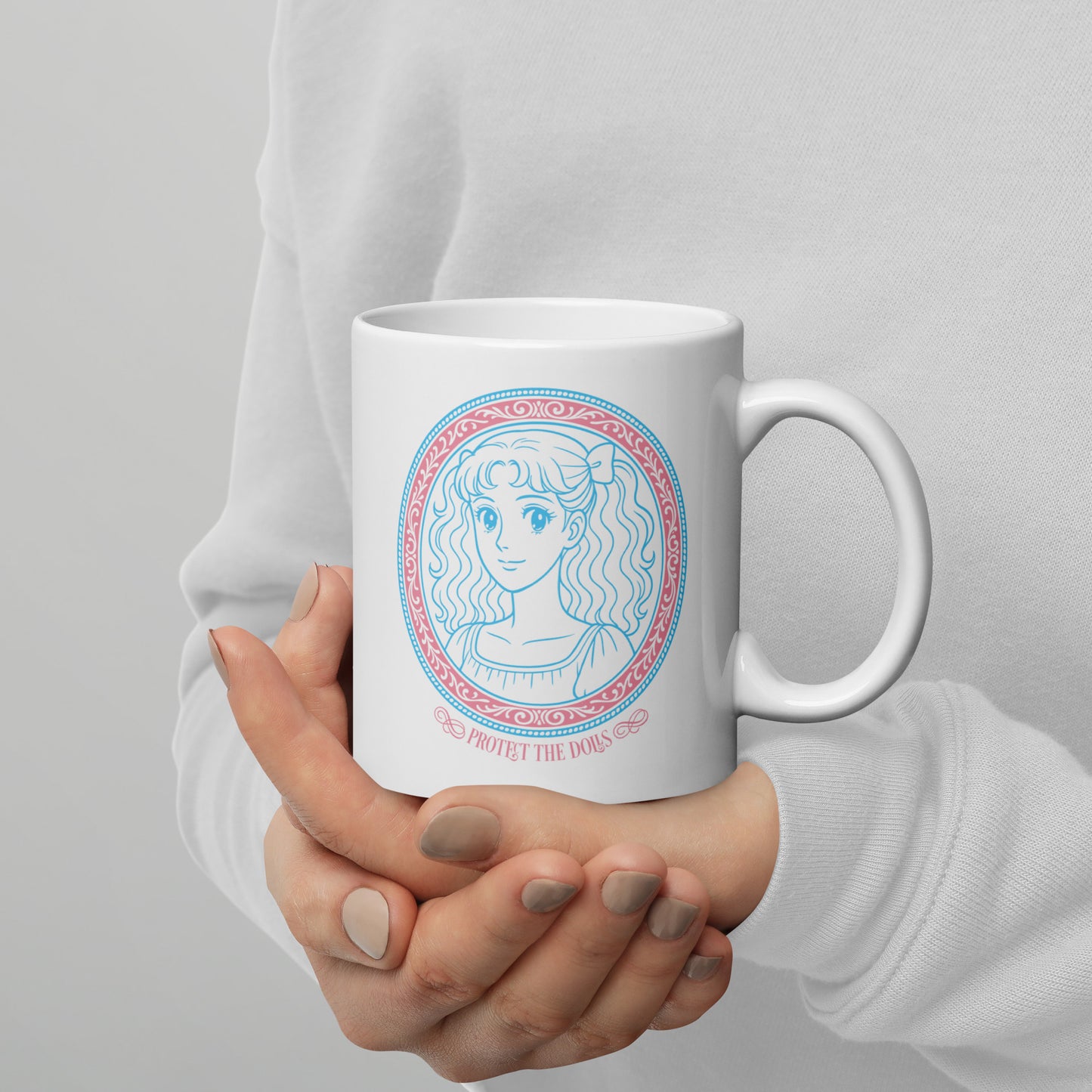 Front View Image: Protect The Dolls 11 oz white mug featuring pastel anime-style trans pride graphic