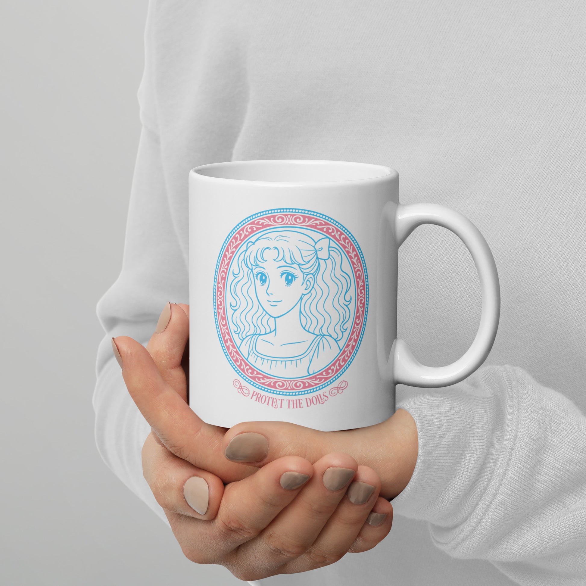 Front View Image: Protect The Dolls 11 oz white mug featuring pastel anime-style trans pride graphic
