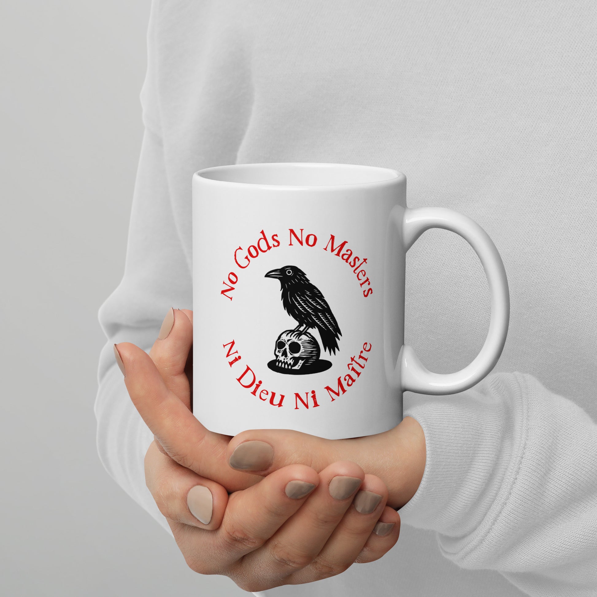 "No Gods No Masters / Ni Dieu Ni Maître" Raven Skull White 11 oz Glossy Mug