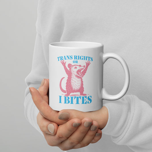 Trans Rights Or I Bites Trans Pride Opossum Graphic White 11 oz Glossy Mug